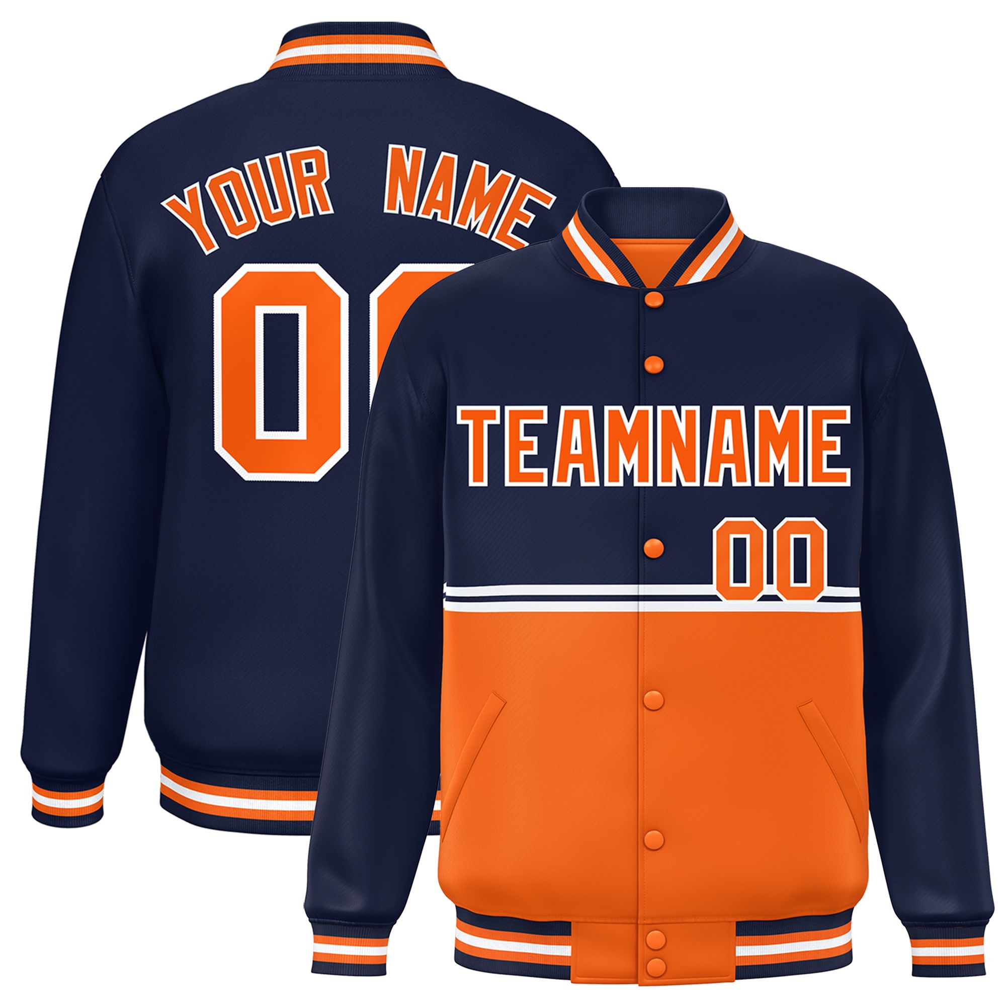 Custom Navy Orange Varsity Full-Snap Color Block Letterman Jacket