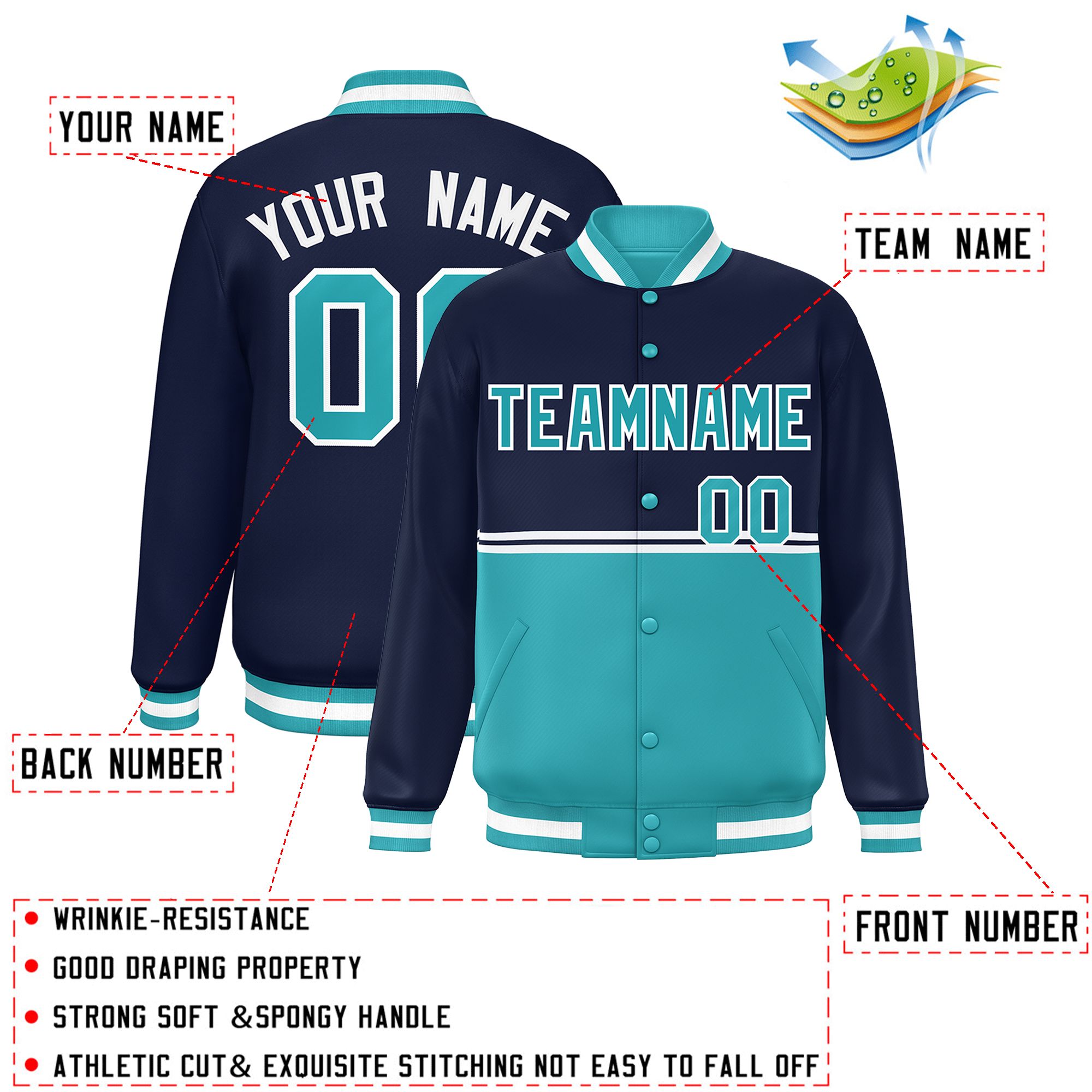 Custom Navy Aqua Varsity Full-Snap Color Block Letterman Jacket