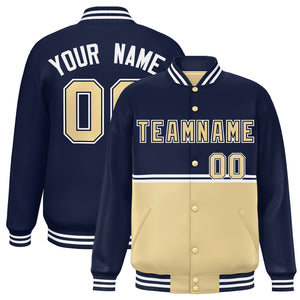 Custom Navy Khaki Varsity Full-Snap Color Block Letterman Jacket