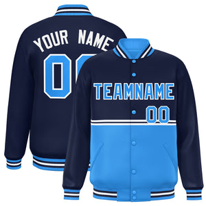 Custom Navy Powder Blue Varsity Full-Snap Color Block Letterman Jacket