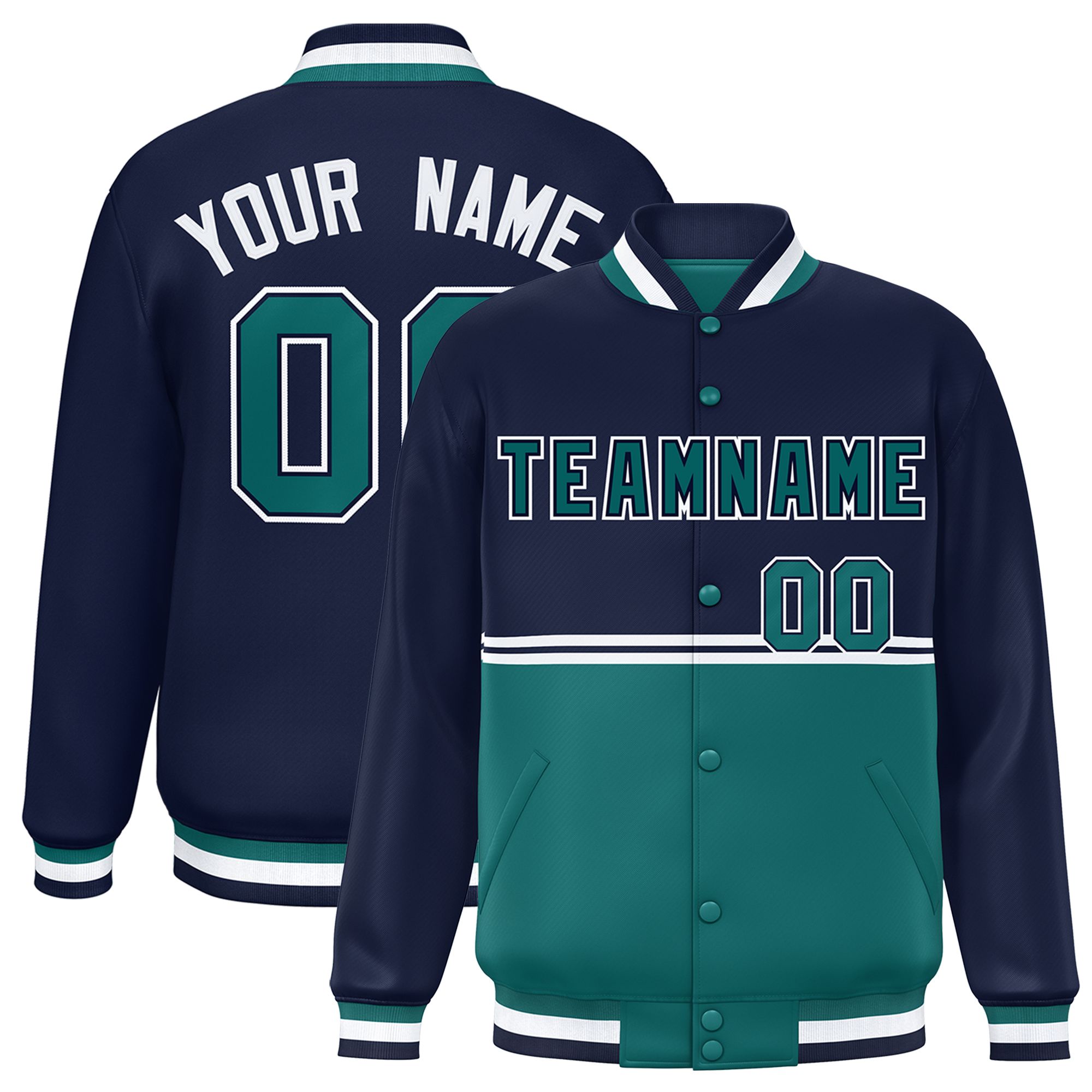 Custom Navy Aqua Varsity Full-Snap Color Block Letterman Jacket