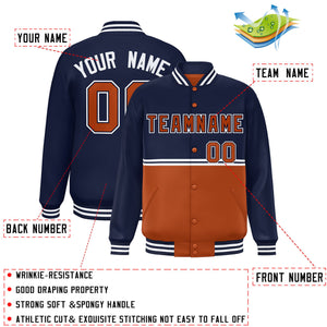 Custom Navy Texas Orange Varsity Full-Snap Color Block Letterman Jacket