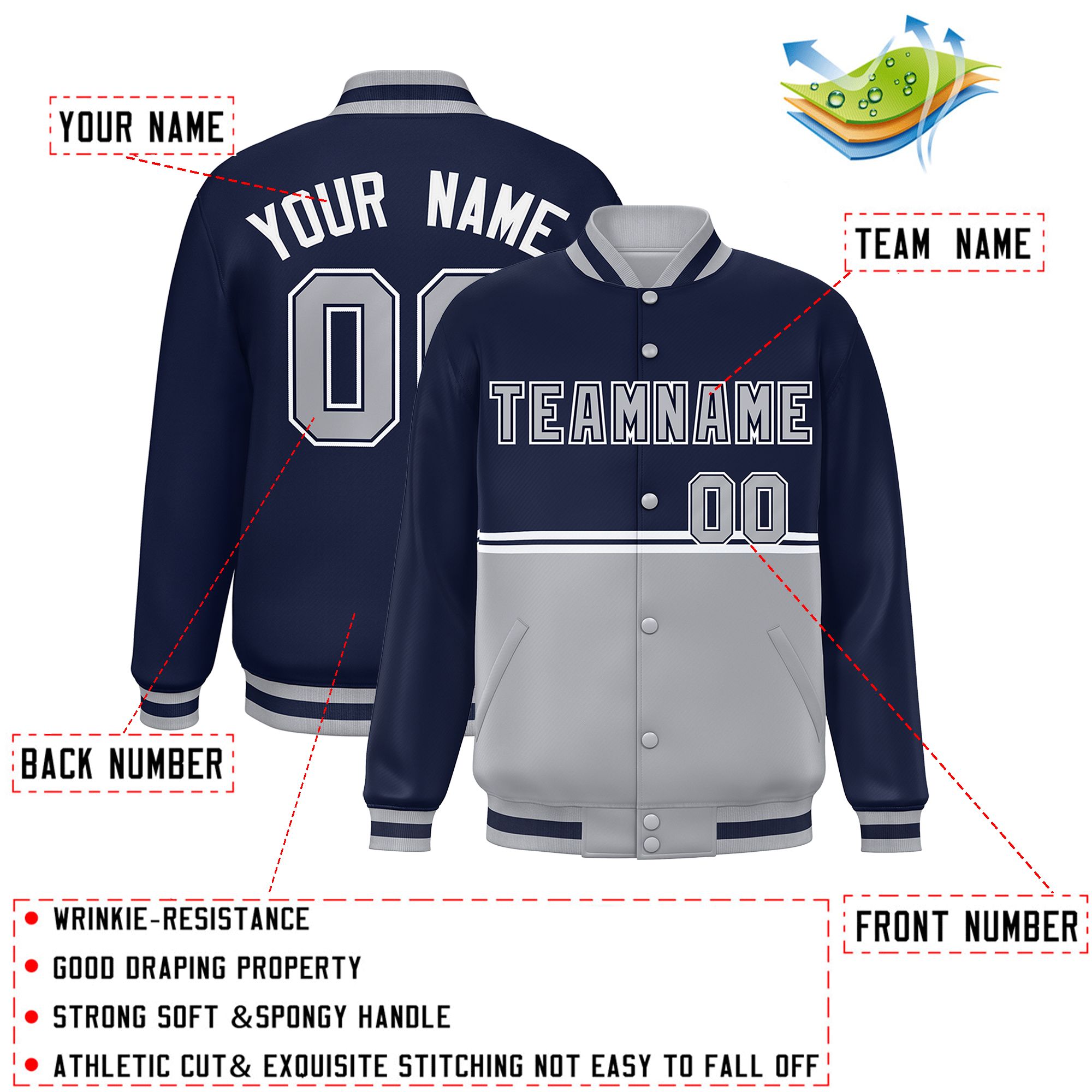 Custom Navy Gray Varsity Full-Snap Color Block Letterman Jacket