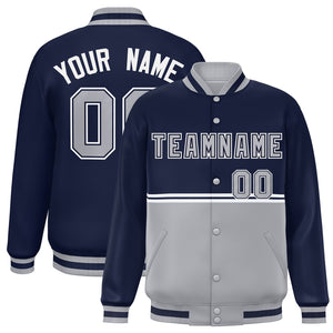 Custom Navy Gray Varsity Full-Snap Color Block Letterman Jacket