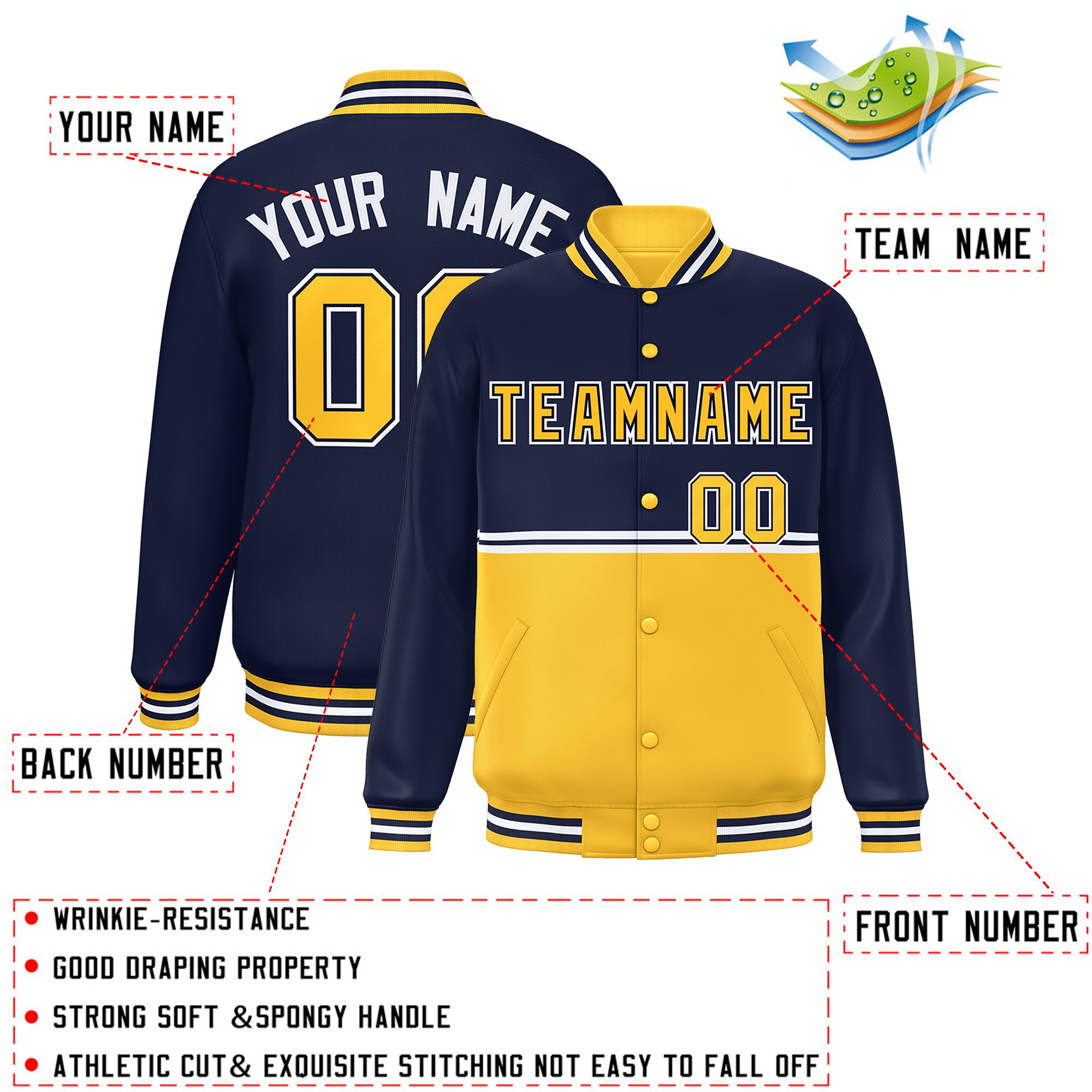 Custom Navy Gold Varsity Full-Snap Color Block Letterman Jacket