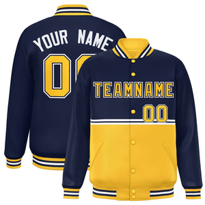 Custom Navy Gold Varsity Full-Snap Color Block Letterman Jacket