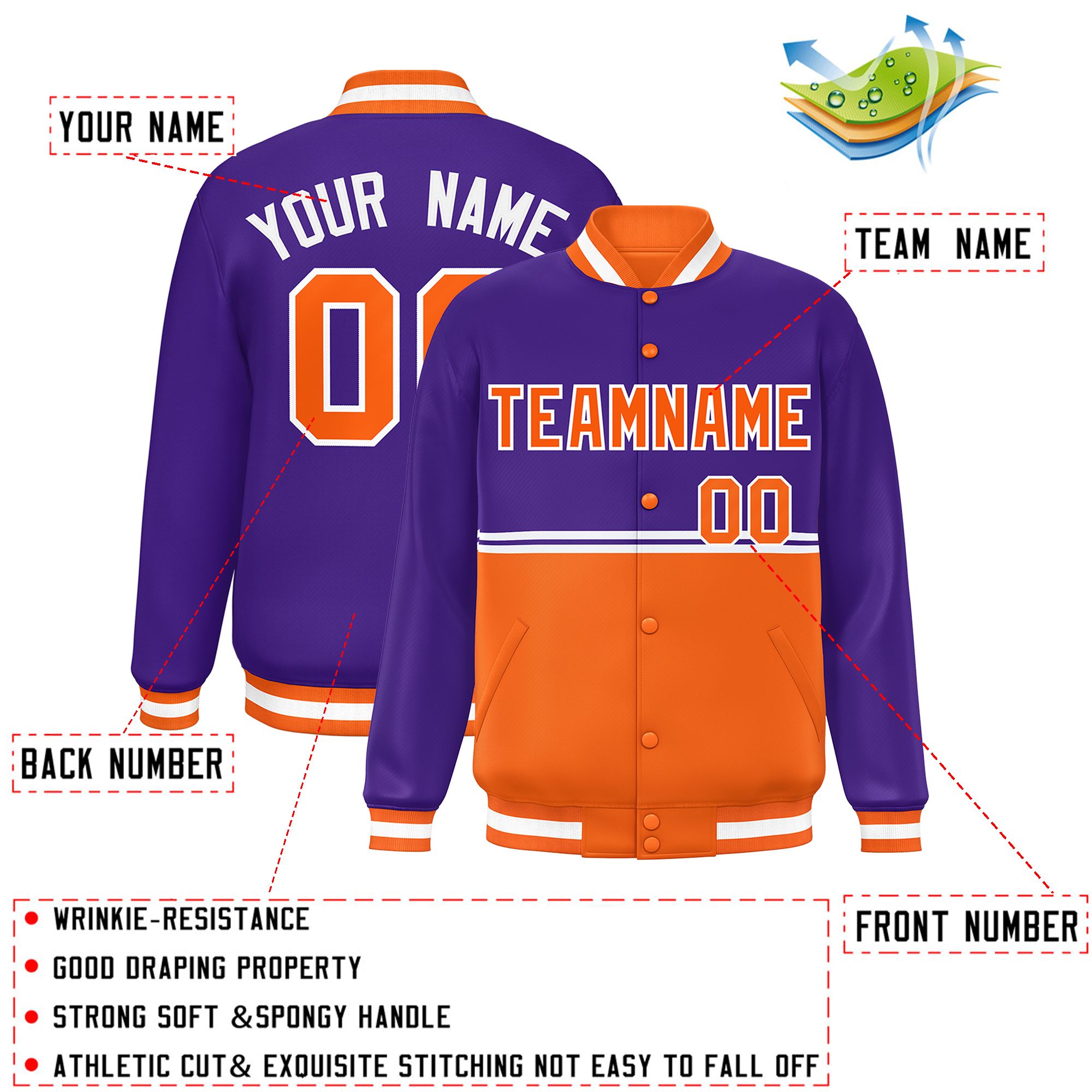 Custom Purple Orange Varsity Full-Snap Color Block Letterman Jacket