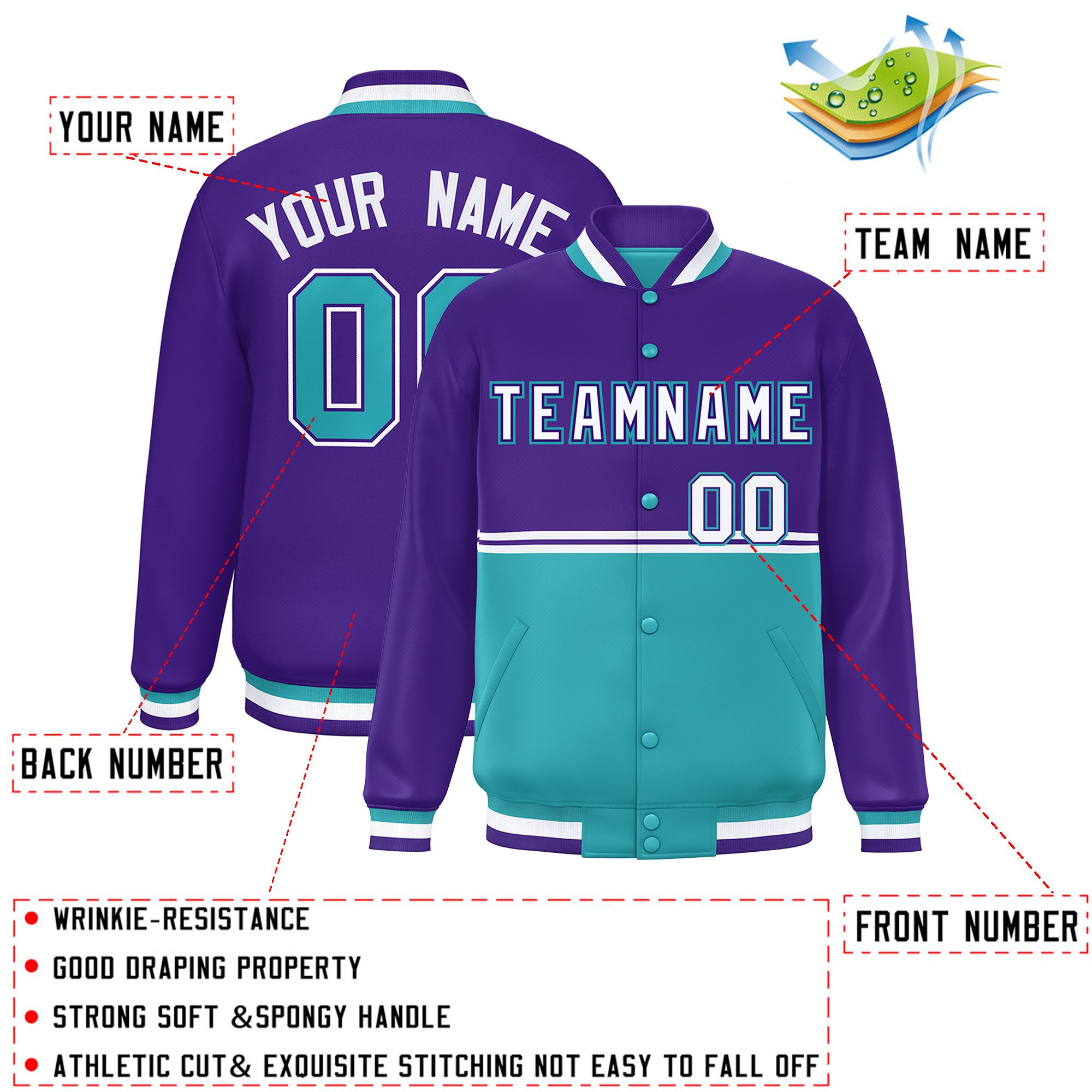 Custom Purple Aqua Varsity Full-Snap Color Block Letterman Jacket