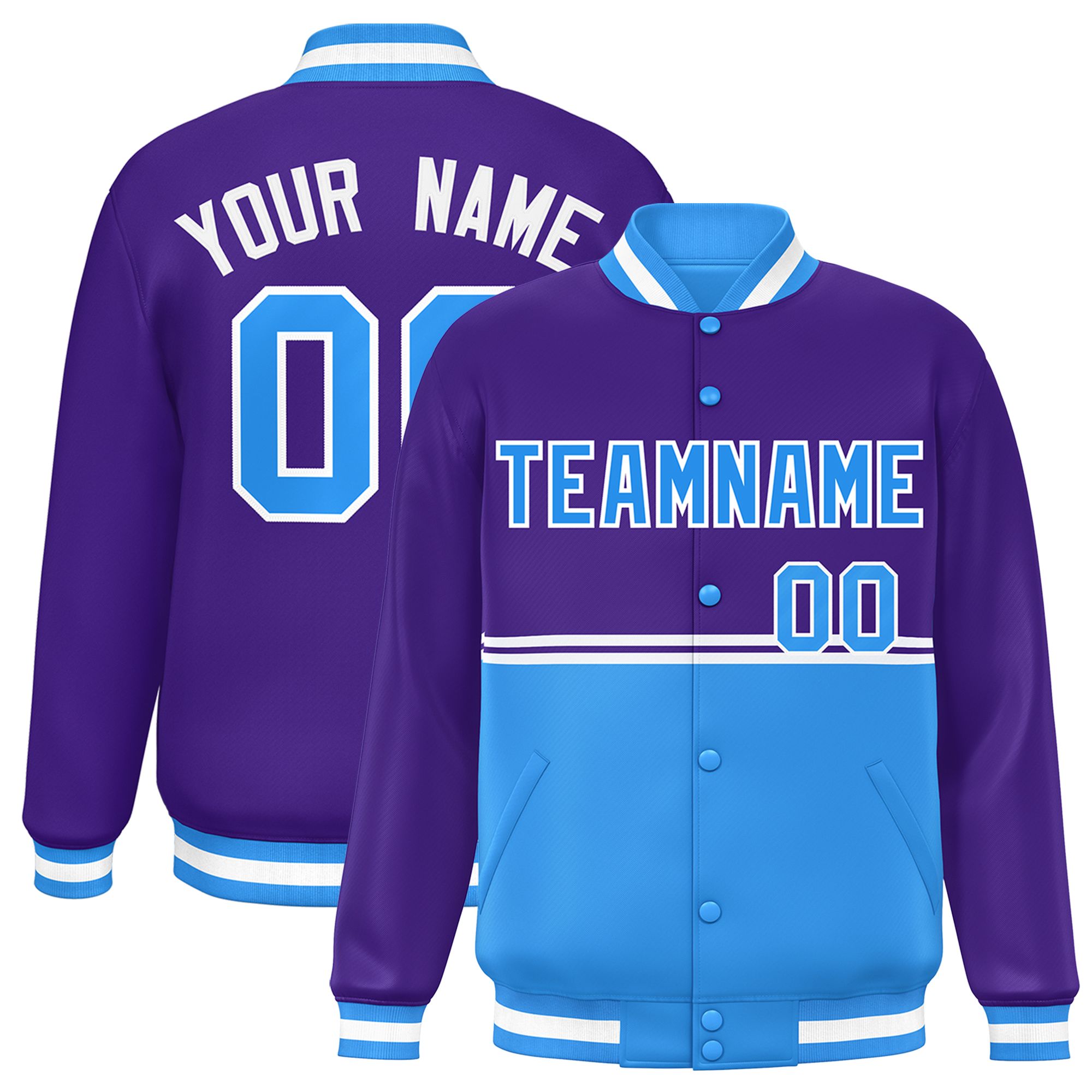 Custom Purple Powder Blue Varsity Full-Snap Color Block Letterman Jacket