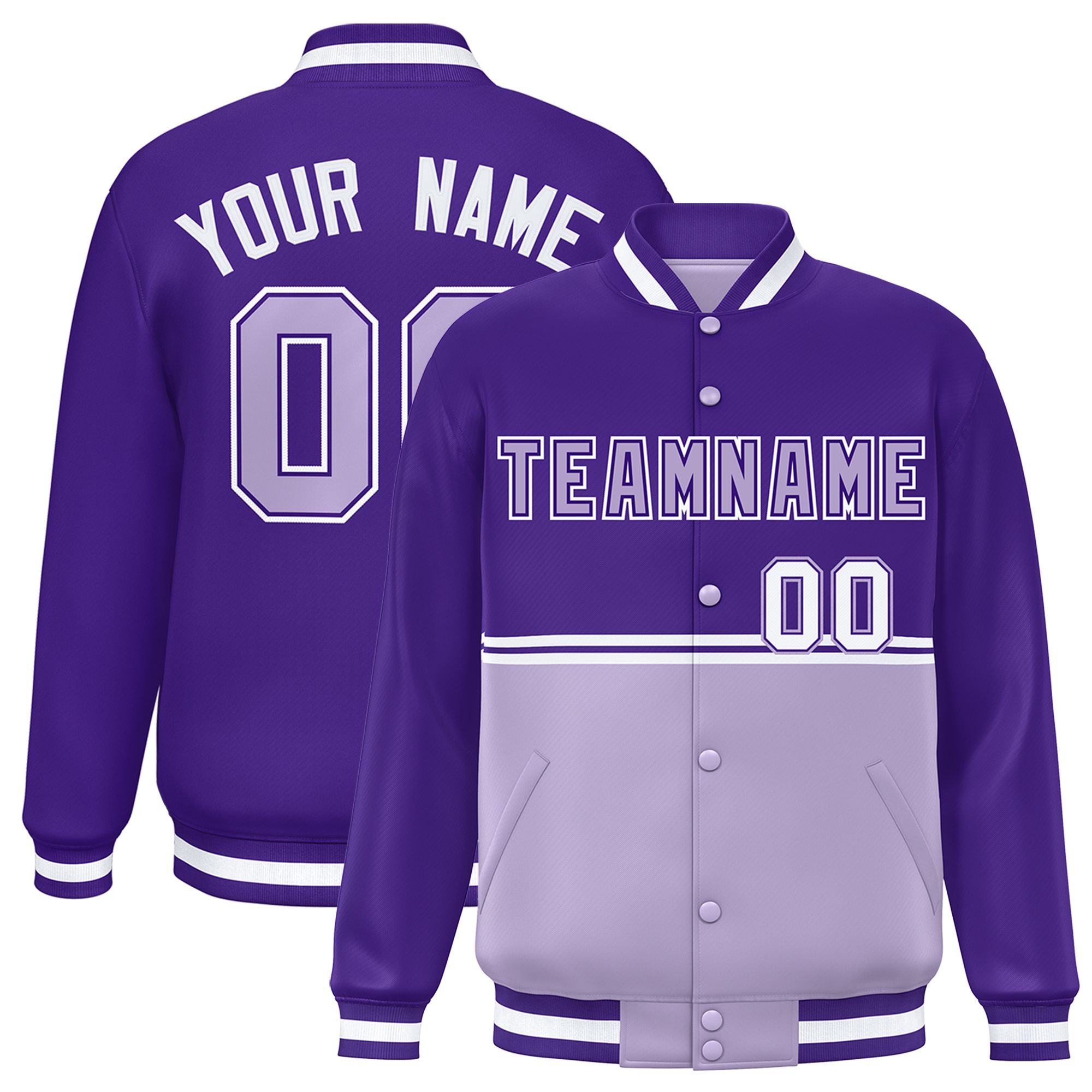 Custom Purple Light Purple Varsity Full-Snap Color Block Letterman Jacket