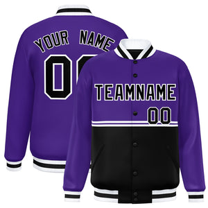 Custom Purple Black Varsity Full-Snap Color Block Letterman Jacket