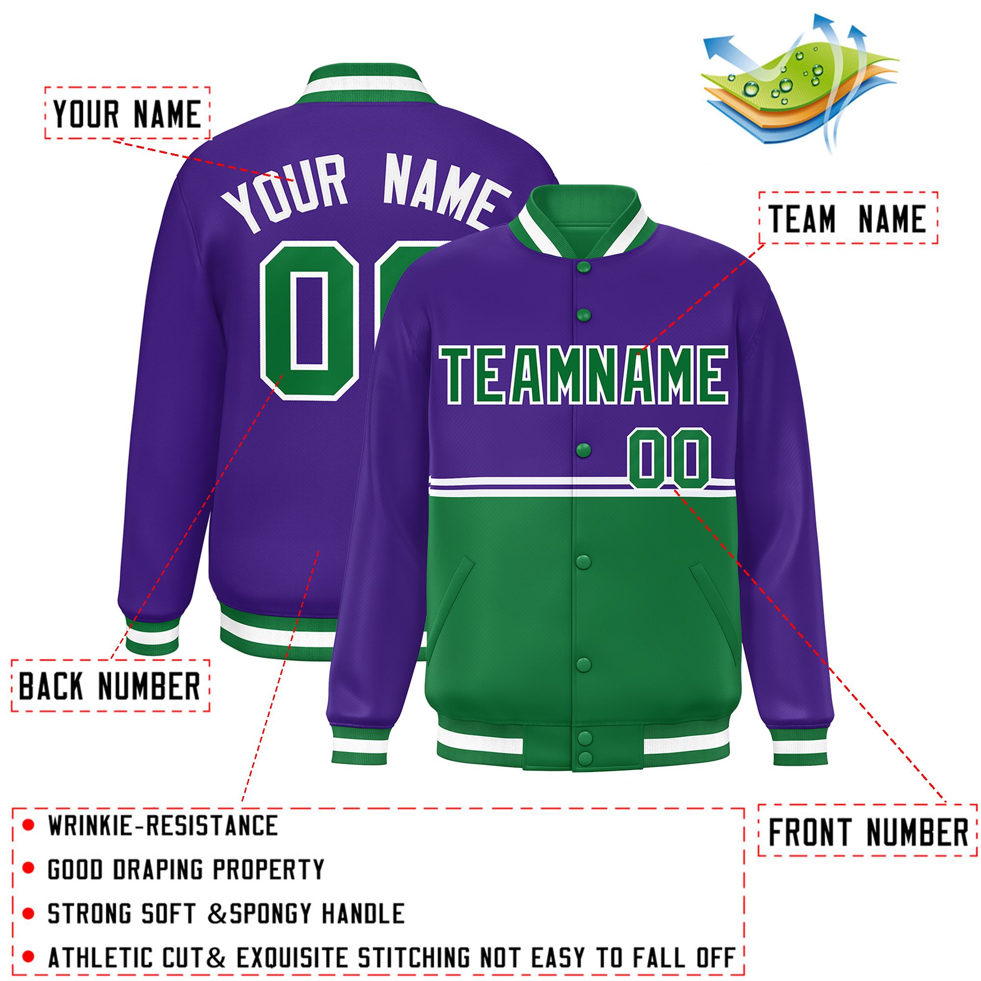 Custom Purple Kelly Green Varsity Full-Snap Color Block Letterman Jacket