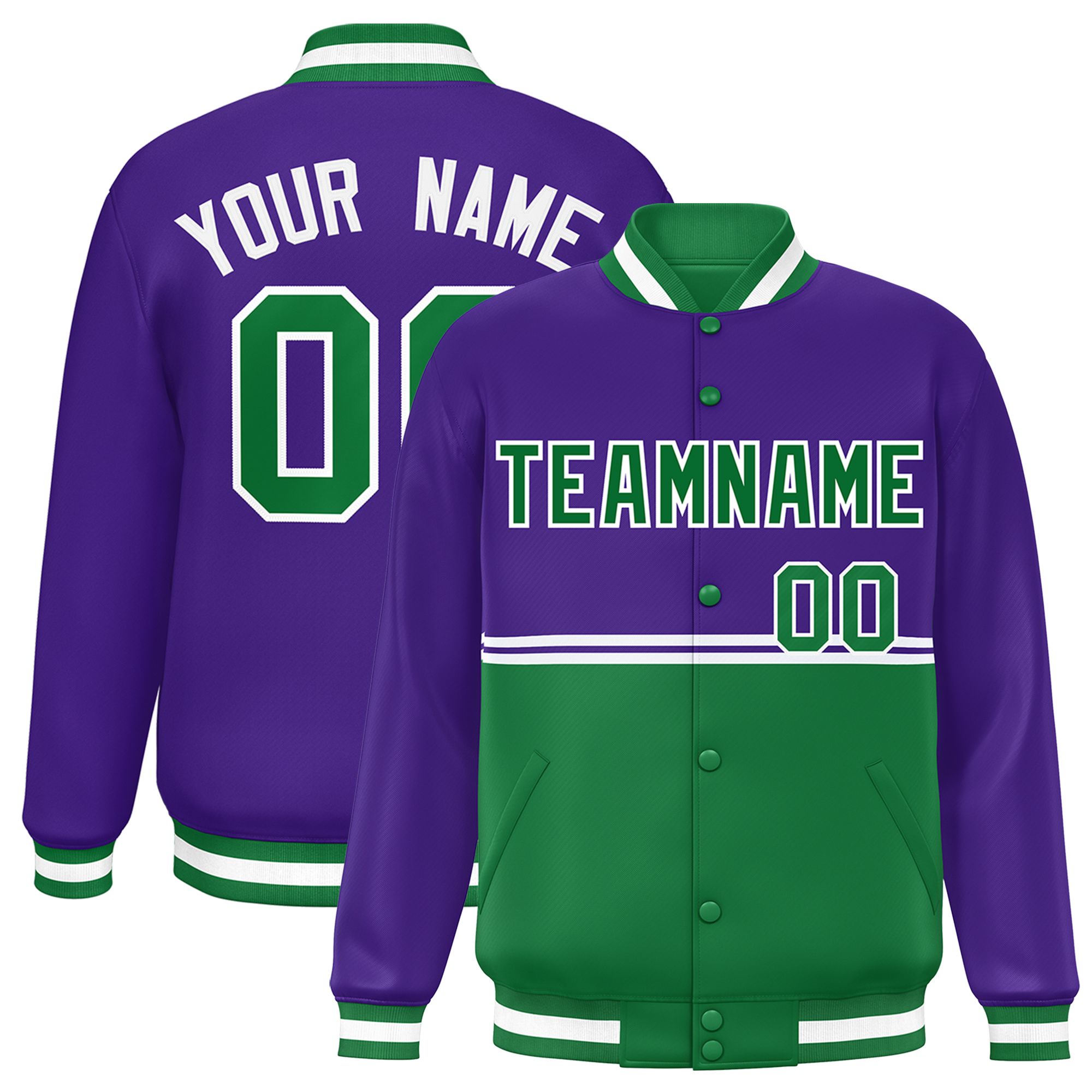 Custom Purple Kelly Green Varsity Full-Snap Color Block Letterman Jacket