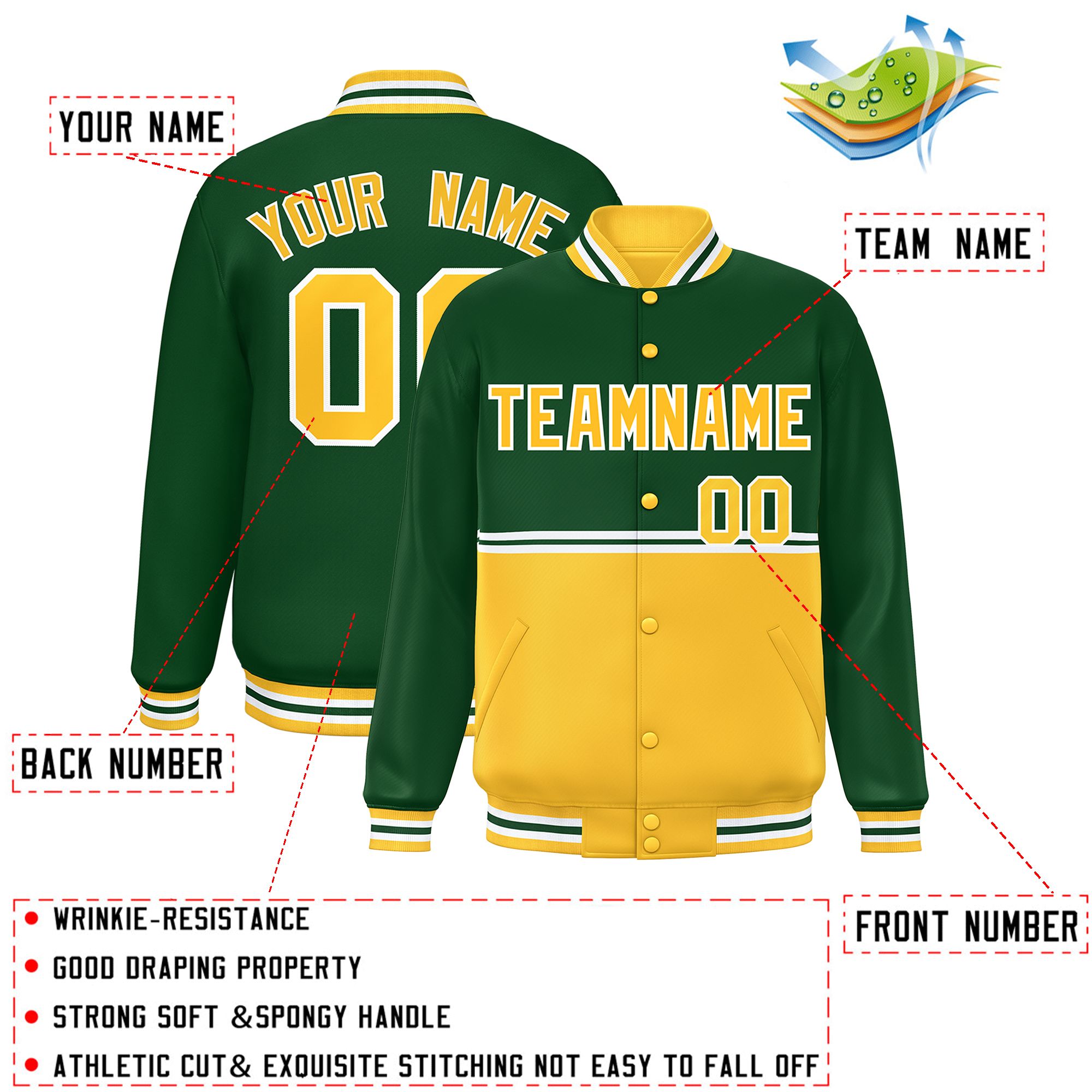 Custom Green Gold Varsity Full-Snap Color Block Letterman Jacket