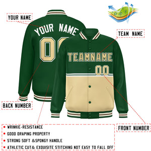 Custom Green Khaki Varsity Full-Snap Color Block Letterman Jacket