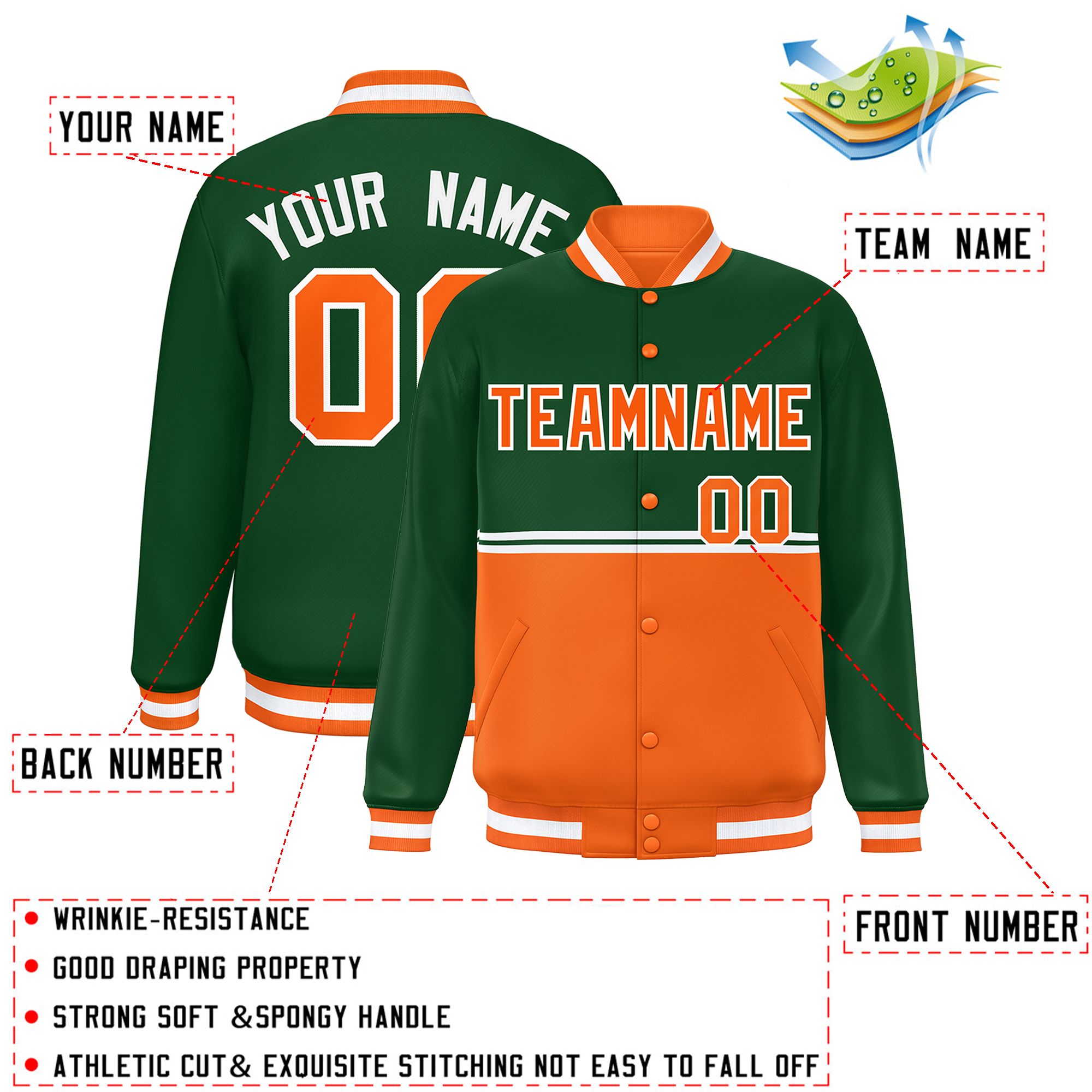 Custom Green Orange Varsity Full-Snap Color Block Letterman Jacket