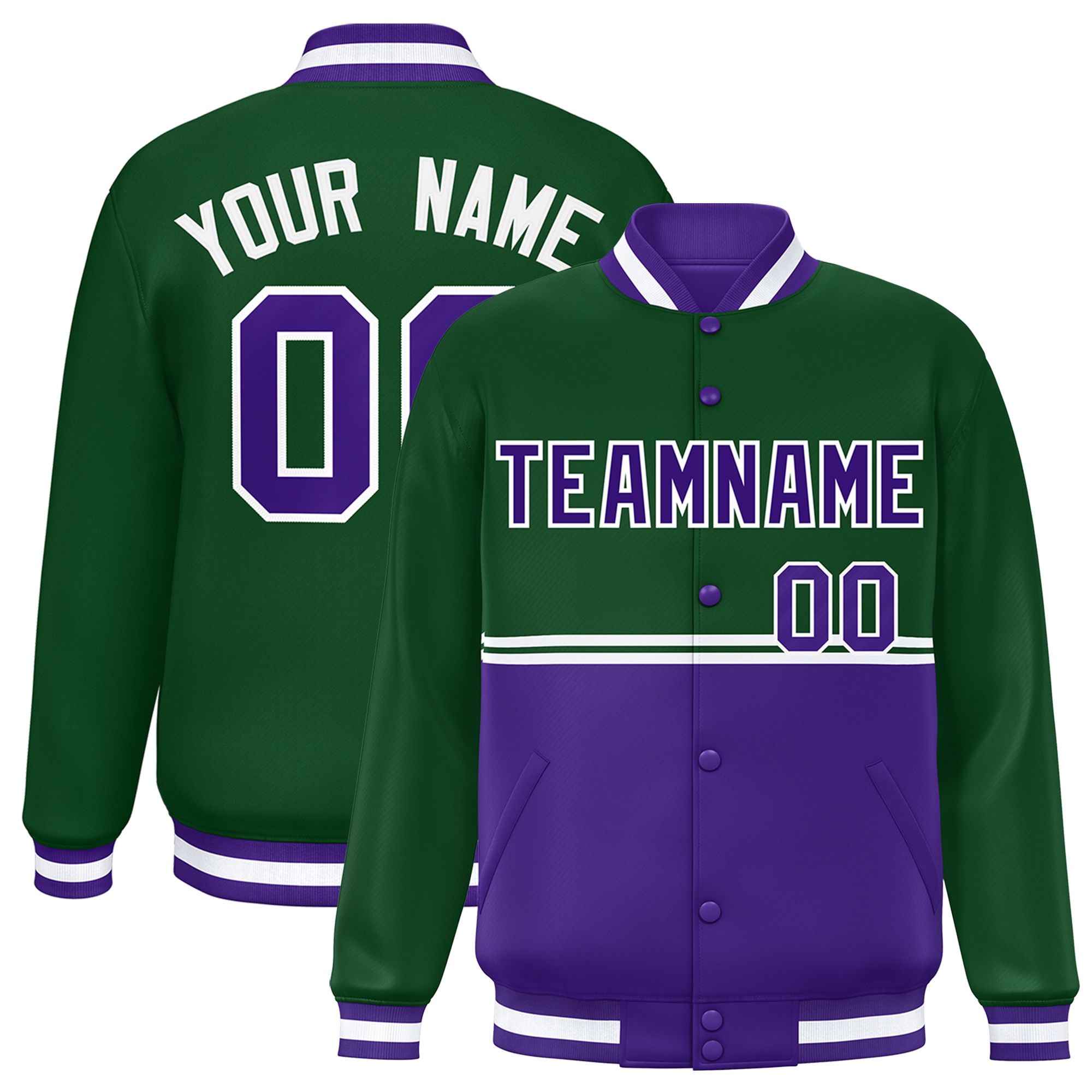 Custom Green Purple Varsity Full-Snap Color Block Letterman Jacket