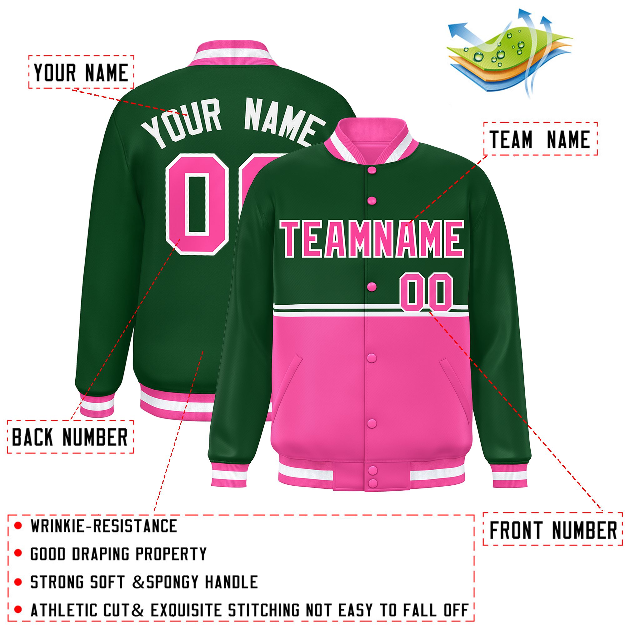 Custom Green Pink Varsity Full-Snap Color Block Letterman Jacket