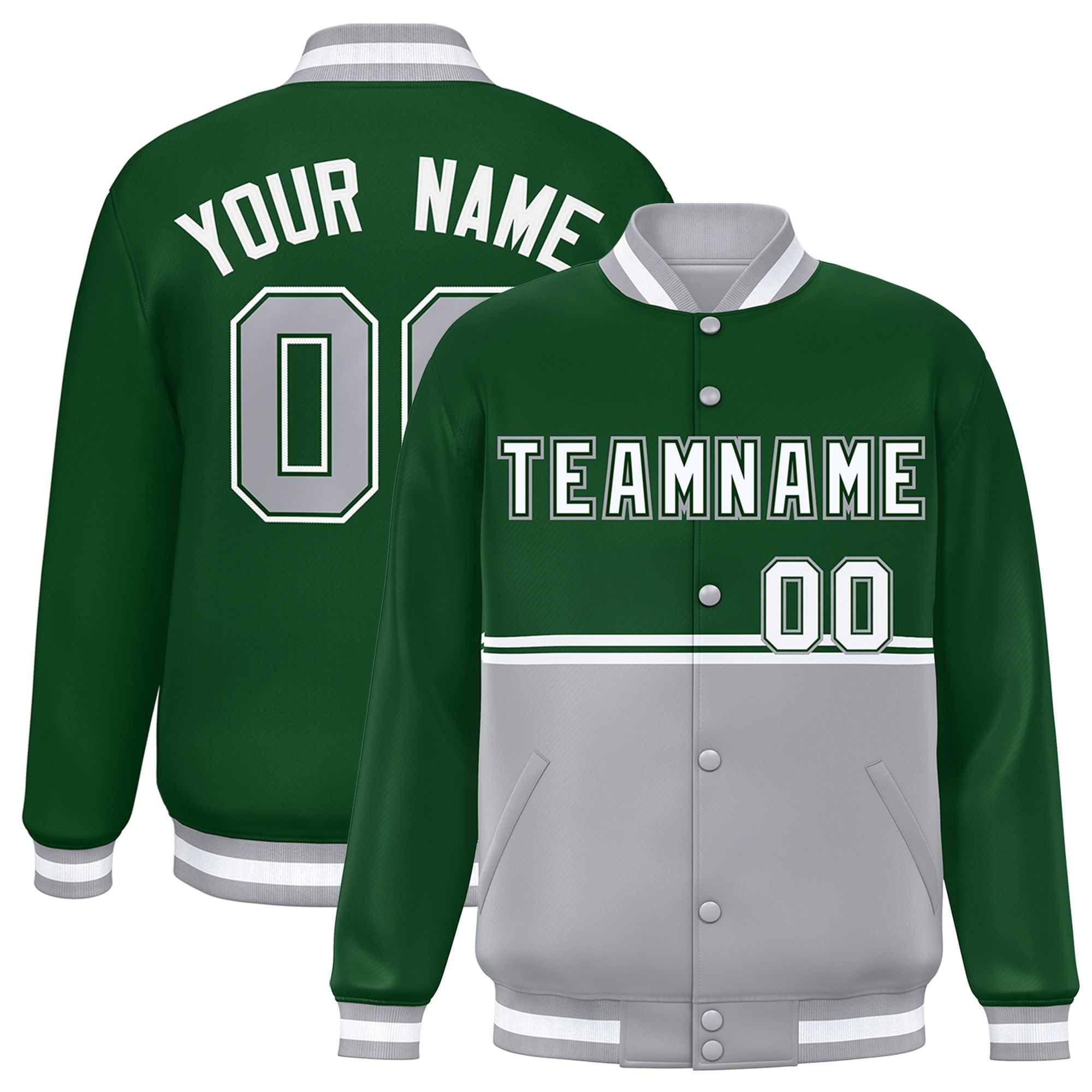 Custom Green Gray Varsity Full-Snap Color Block Letterman Jacket