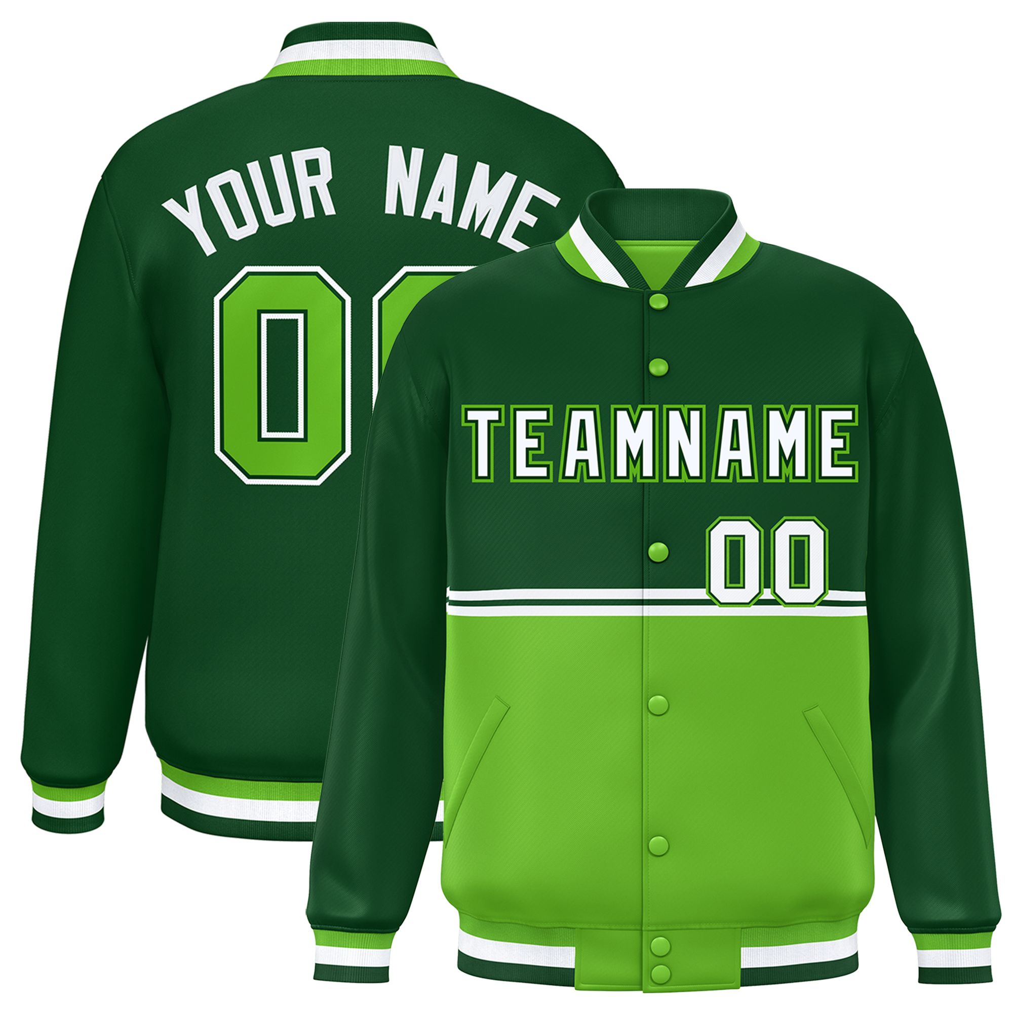 Custom Green Green Varsity Full-Snap Color Block Letterman Jacket