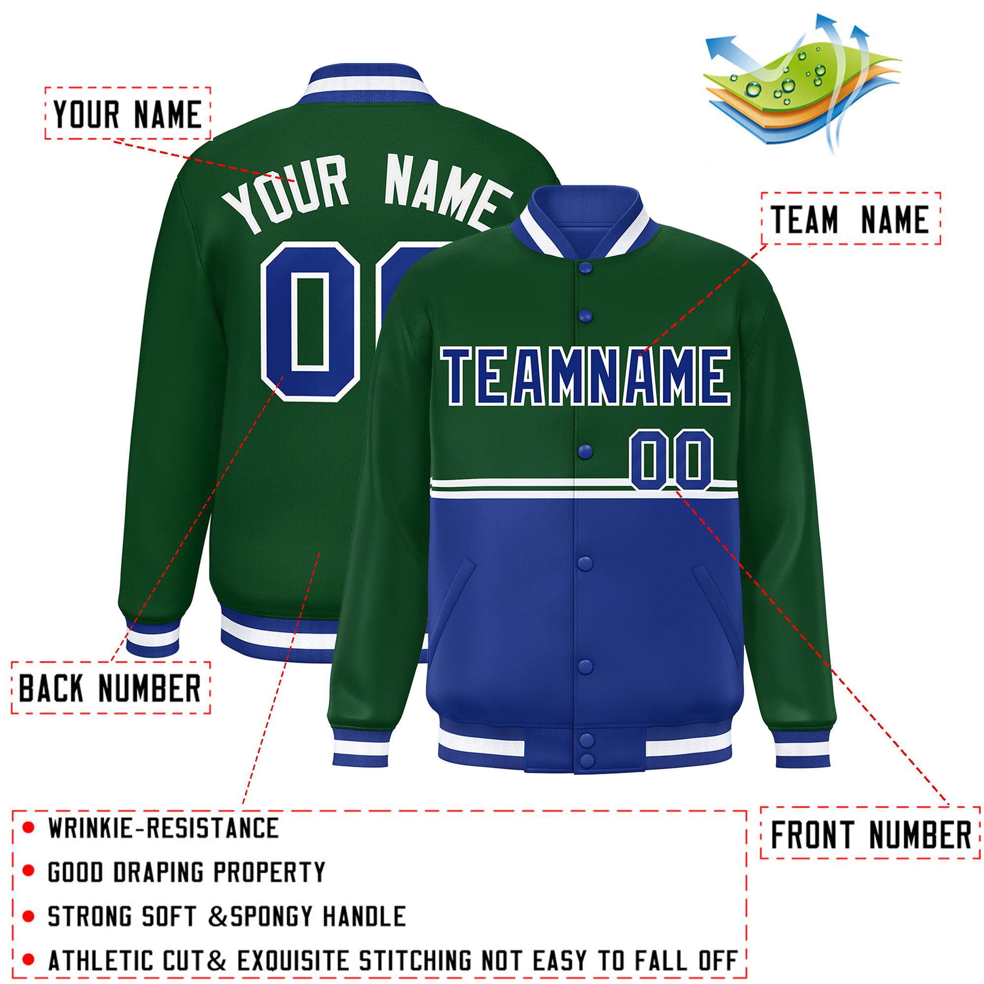 Custom Green Royal Varsity Full-Snap Color Block Letterman Jacket