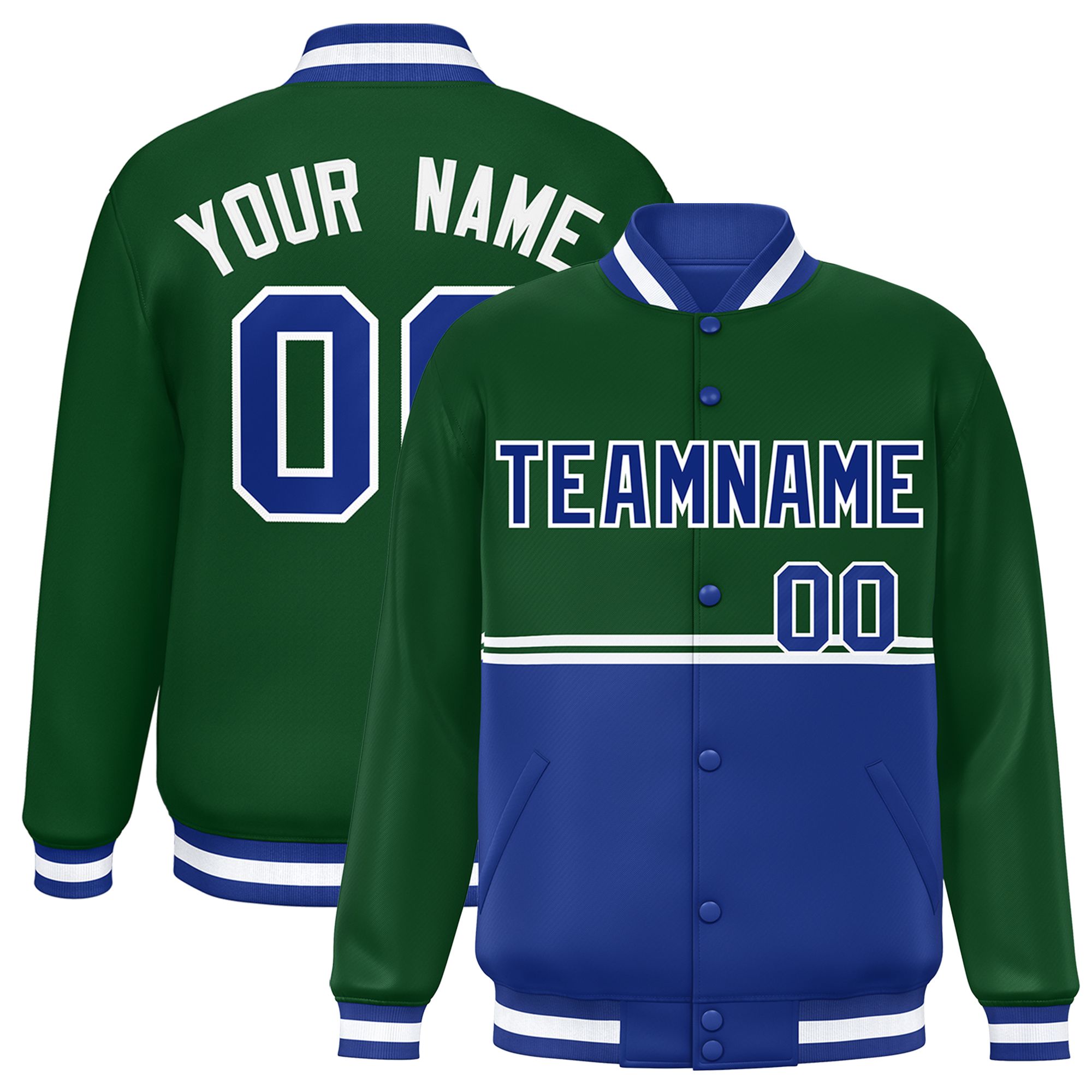 Custom Green Royal Varsity Full-Snap Color Block Letterman Jacket