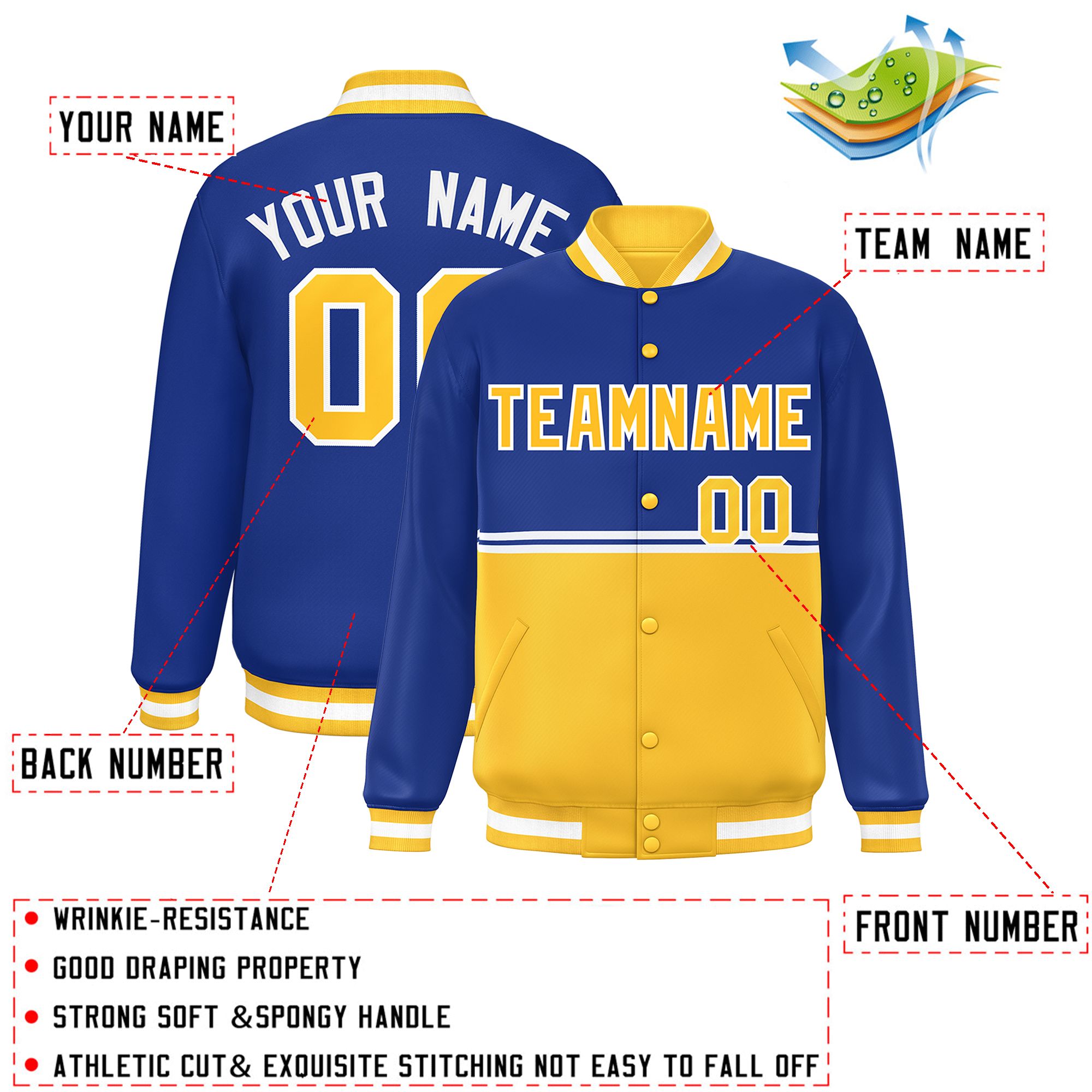 Custom Royal Gold Varsity Full-Snap Color Block Letterman Jacket