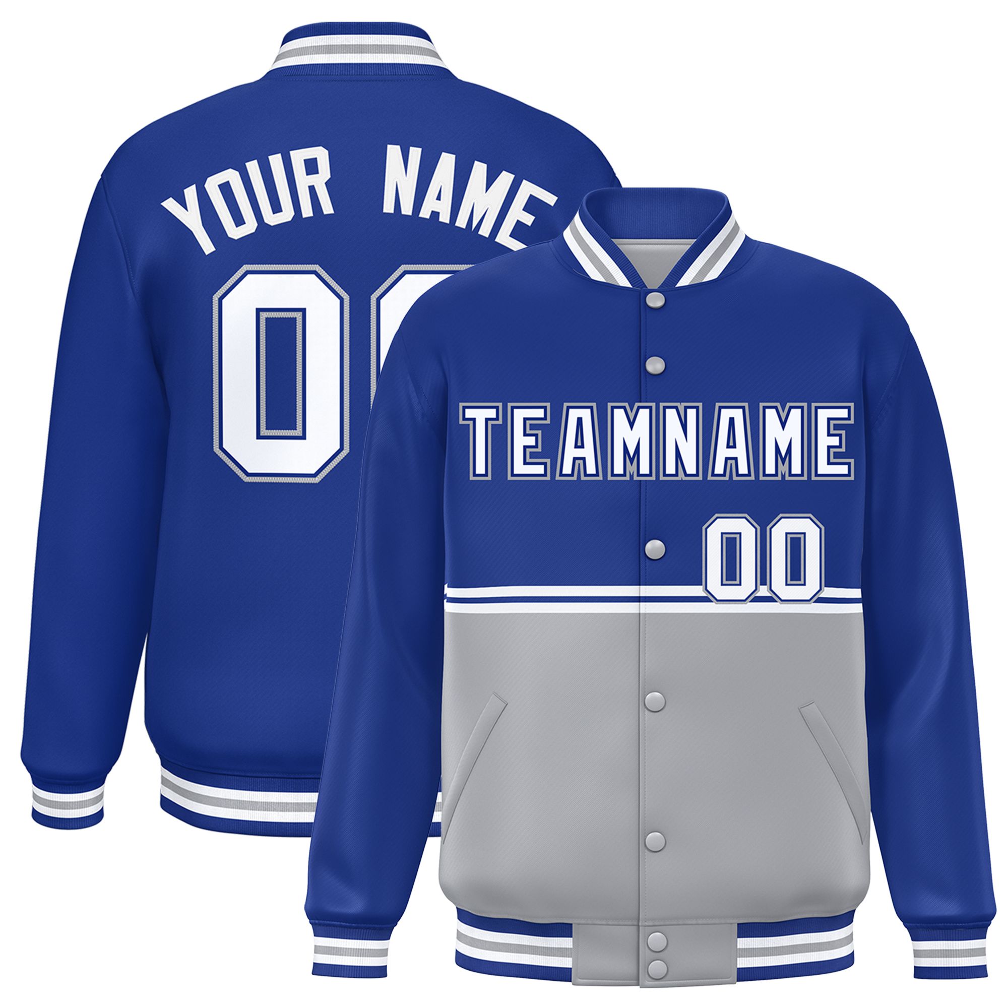 Custom Royal Gray Varsity Full-Snap Color Block Letterman Jacket