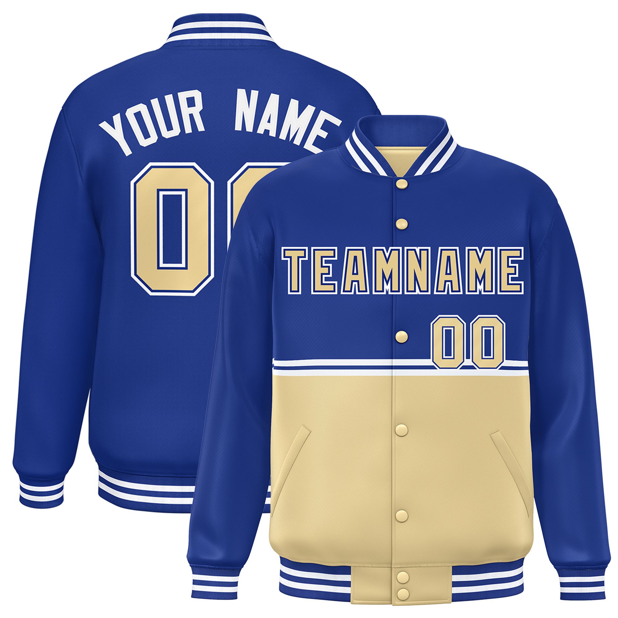 Custom Royal Khaki Varsity Full-Snap Color Block Letterman Jacket