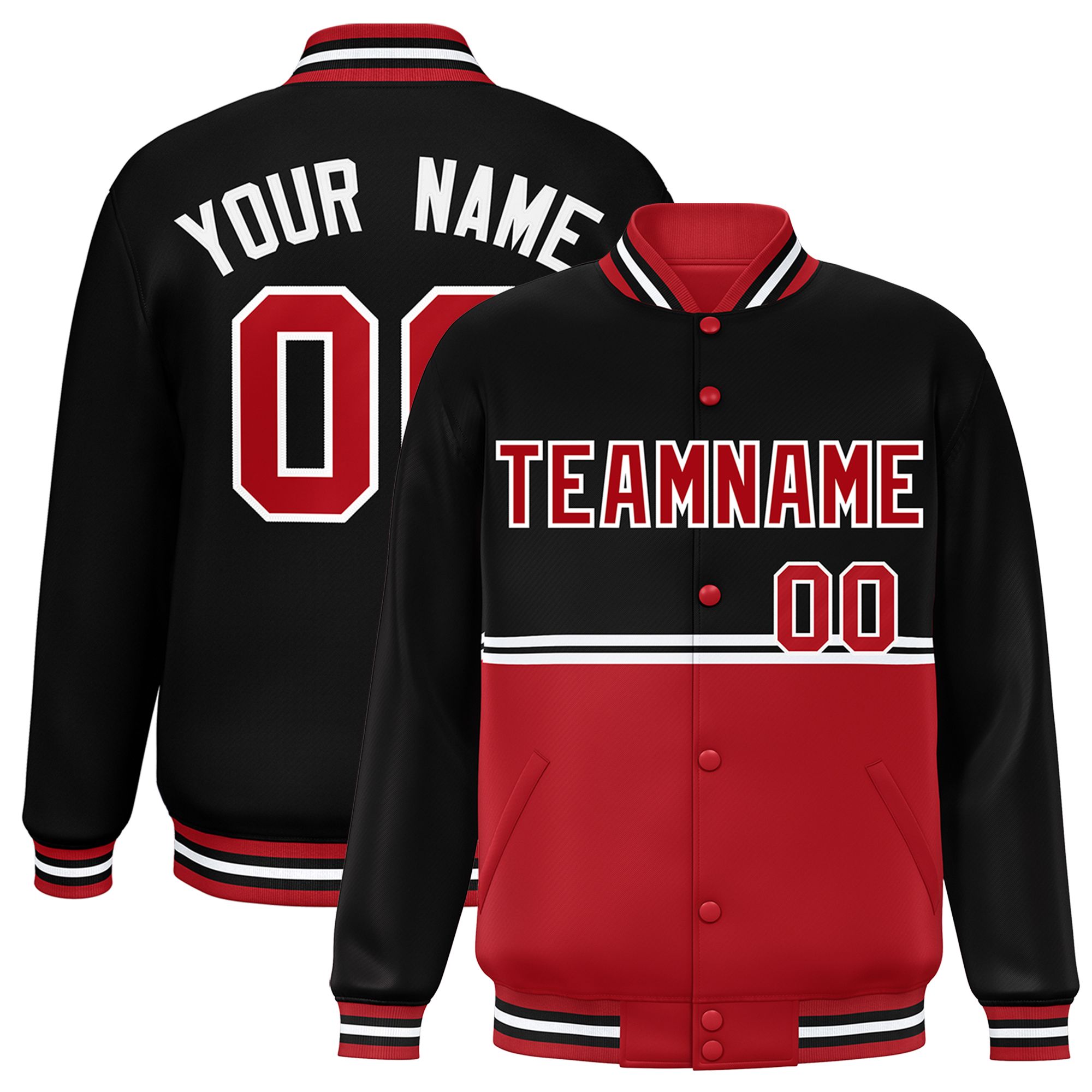 Custom Black Red Varsity Full-Snap Color Block Letterman Jacket