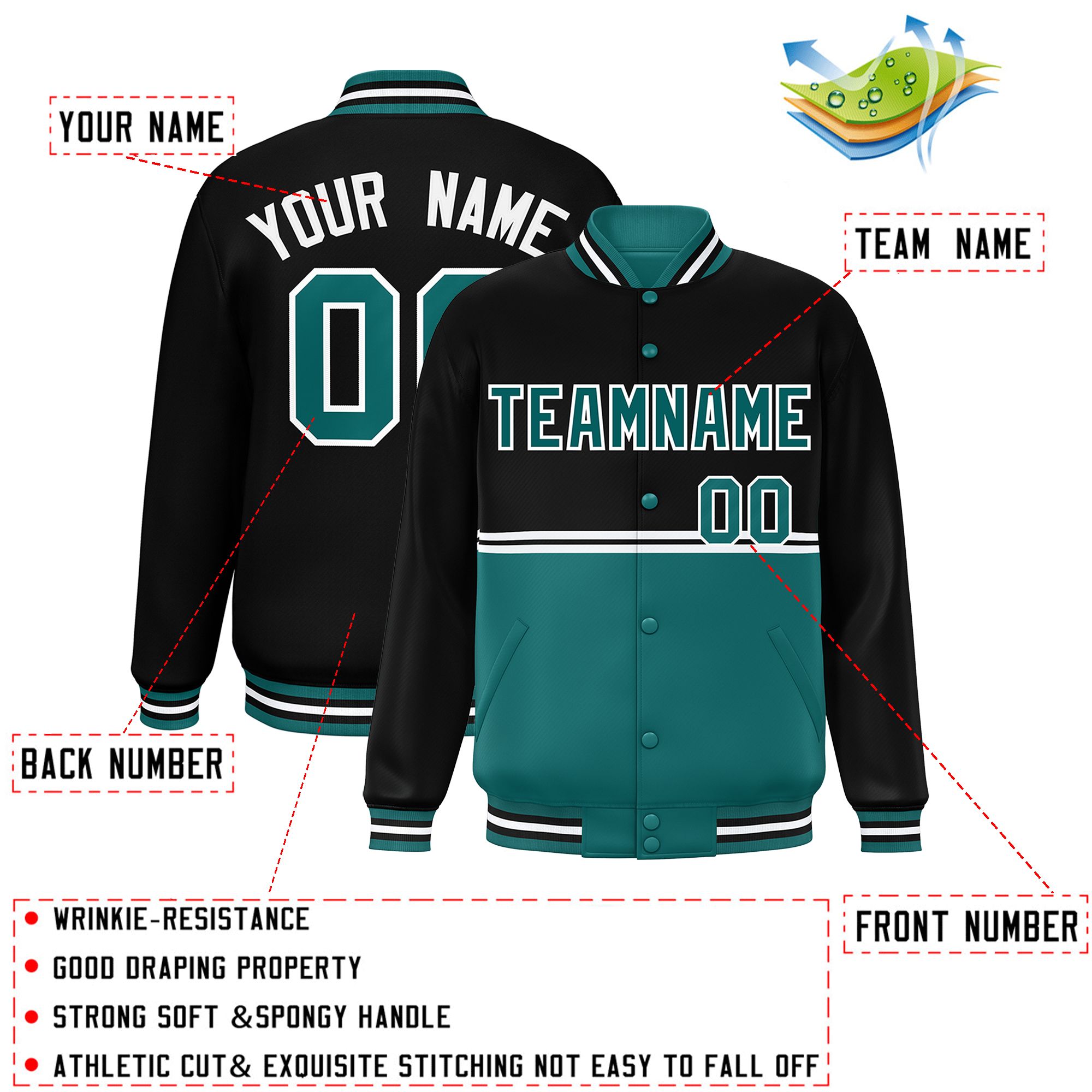 Custom Black Aqua Varsity Full-Snap Color Block Letterman Jacket