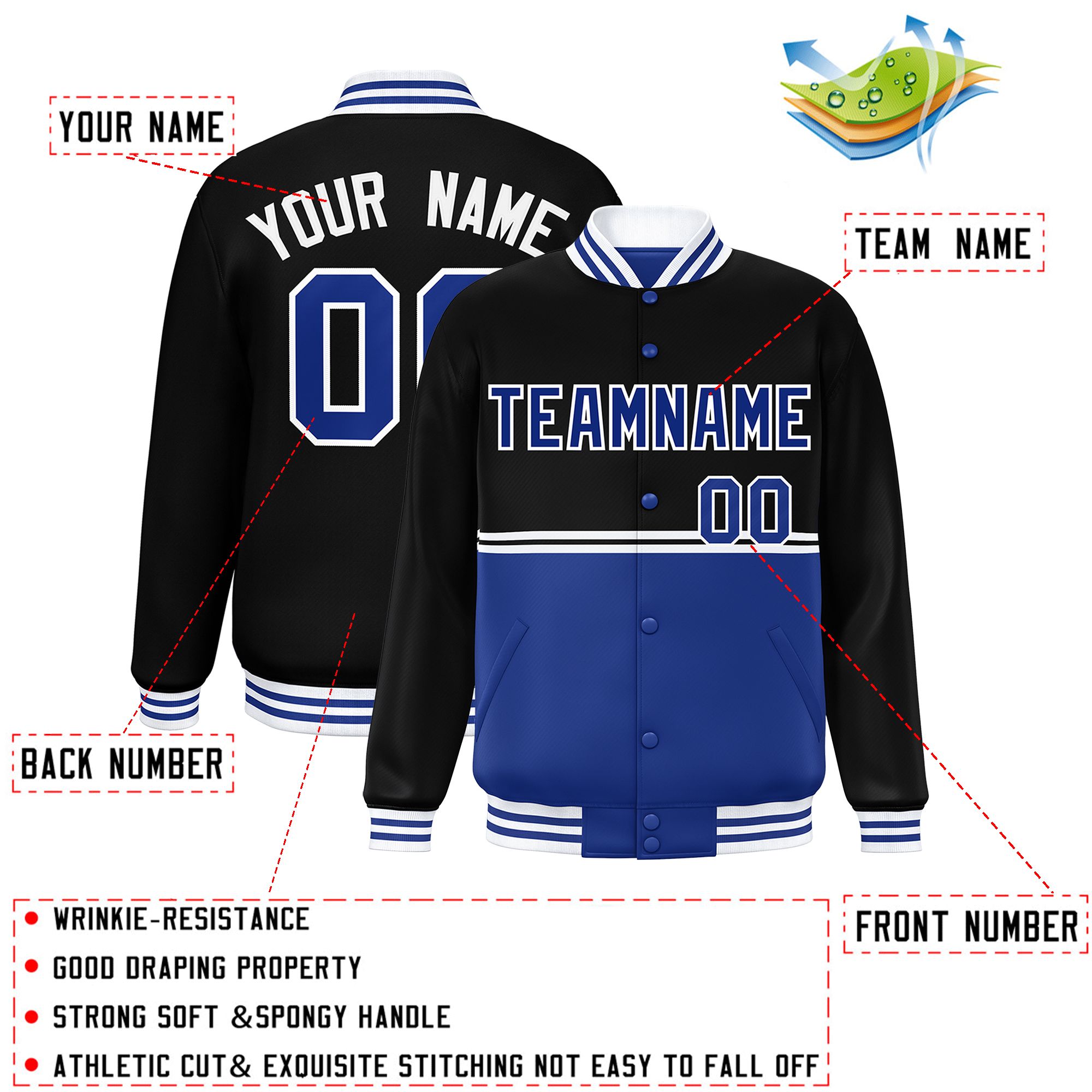 Custom Black Royal Varsity Full-Snap Color Block Letterman Jacket