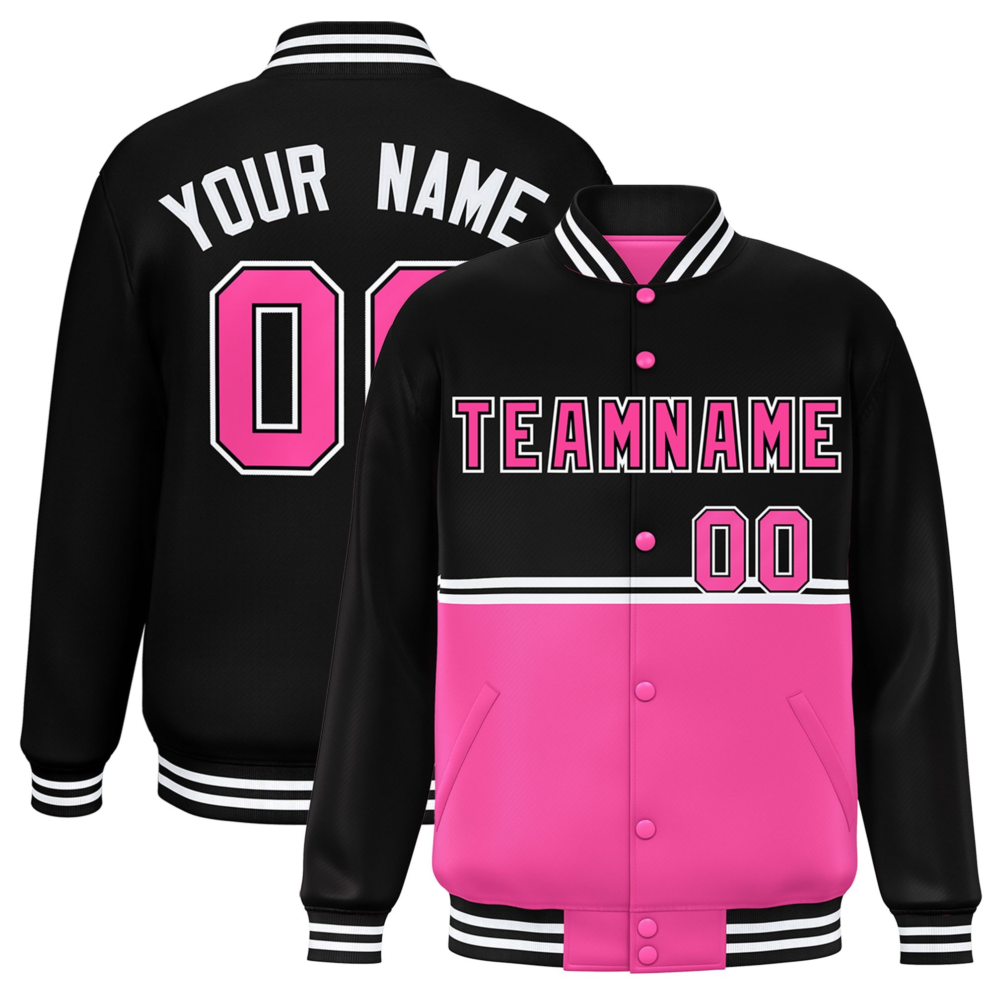 Custom Black Pink Varsity Full-Snap Color Block Letterman Jacket