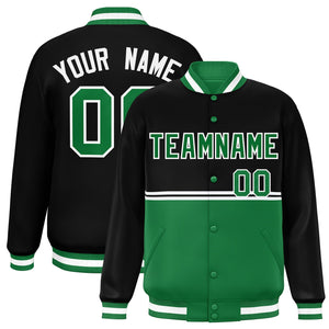 Custom Black Kelly Green Varsity Full-Snap Color Block Letterman Jacket