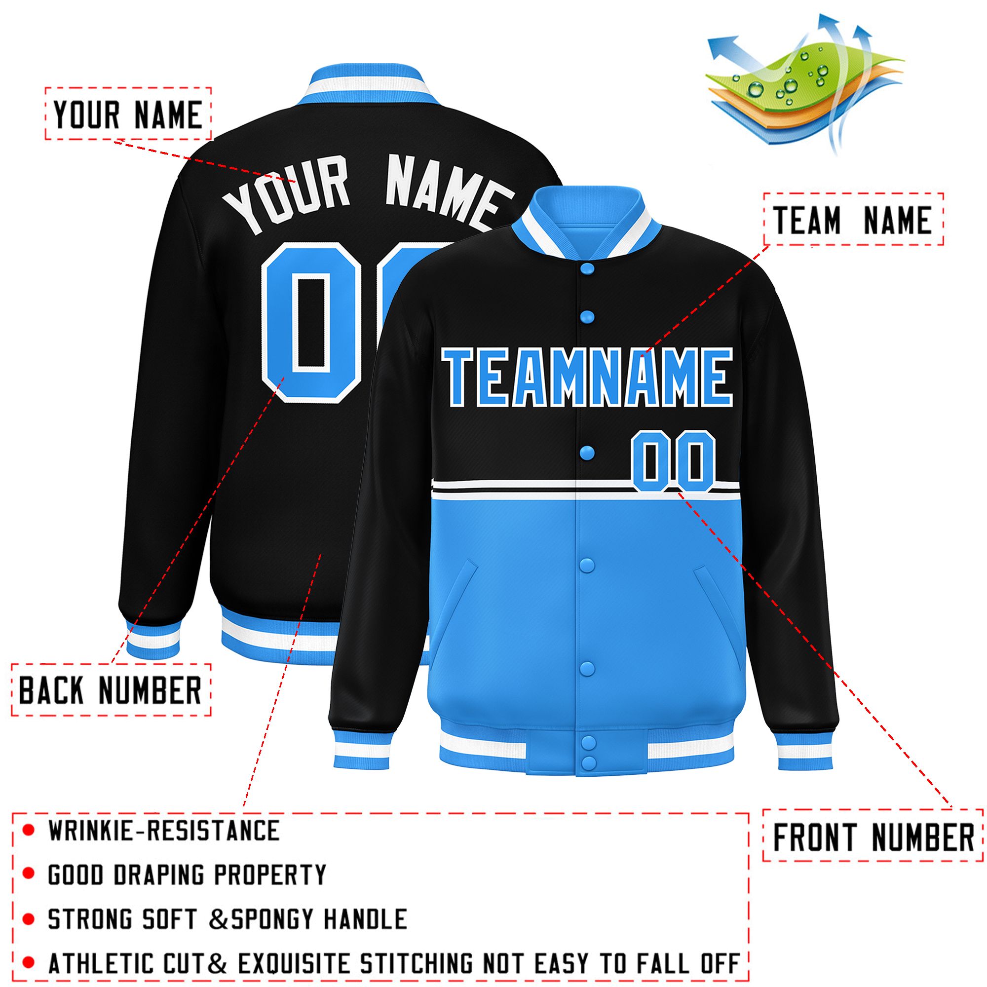 Custom Black Powder Blue Varsity Full-Snap Color Block Letterman Jacket