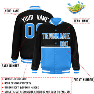 Custom Black Powder Blue Varsity Full-Snap Color Block Letterman Jacket