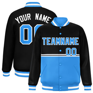 Custom Black Powder Blue Varsity Full-Snap Color Block Letterman Jacket