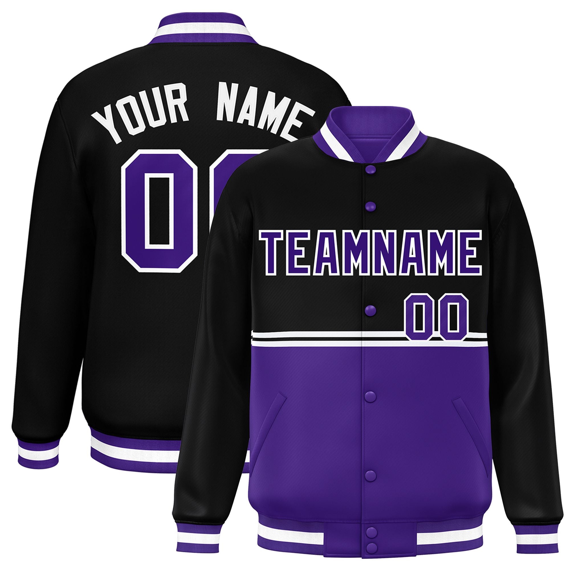 Custom Black Purple Varsity Full-Snap Color Block Letterman Jacket