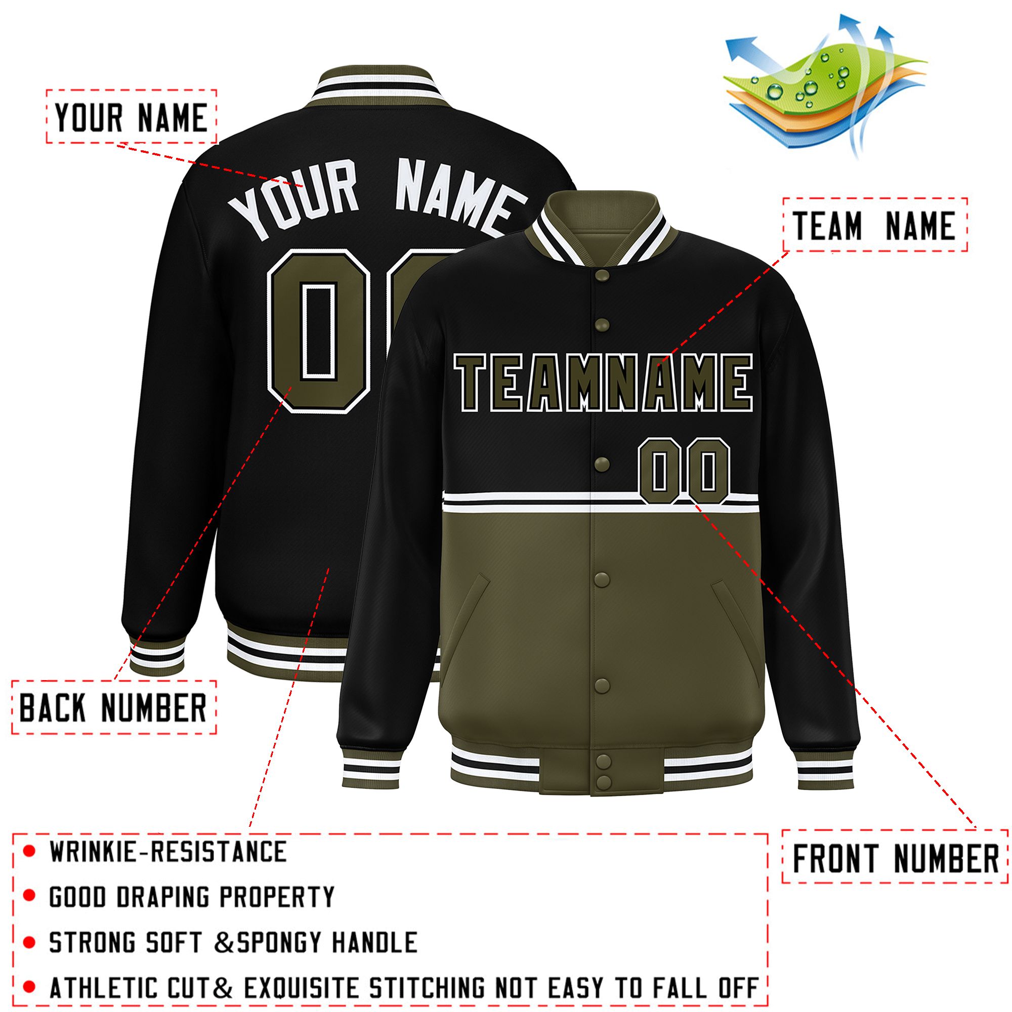 Custom Black Olive Varsity Full-Snap Color Block Letterman Jacket