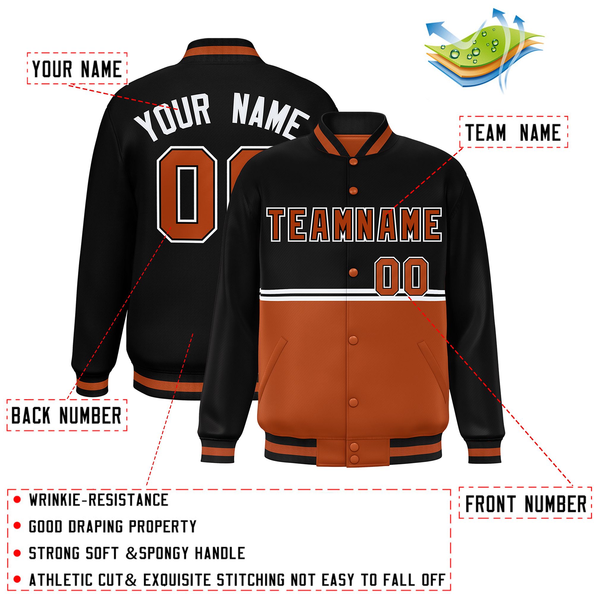 Custom Black Texas Orange Varsity Full-Snap Color Block Letterman Jacket