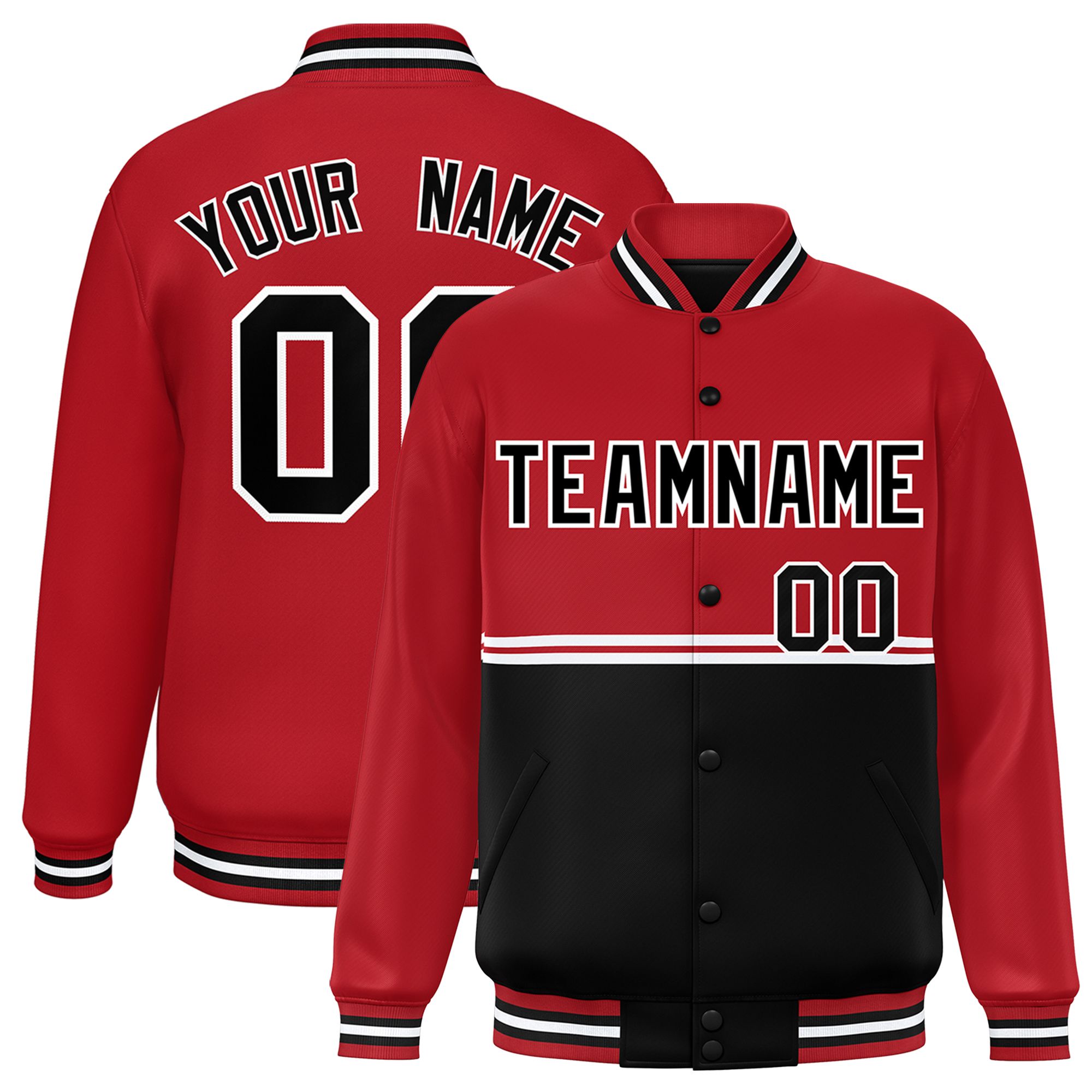 Custom Red Black Varsity Full-Snap Color Block Letterman Jacket