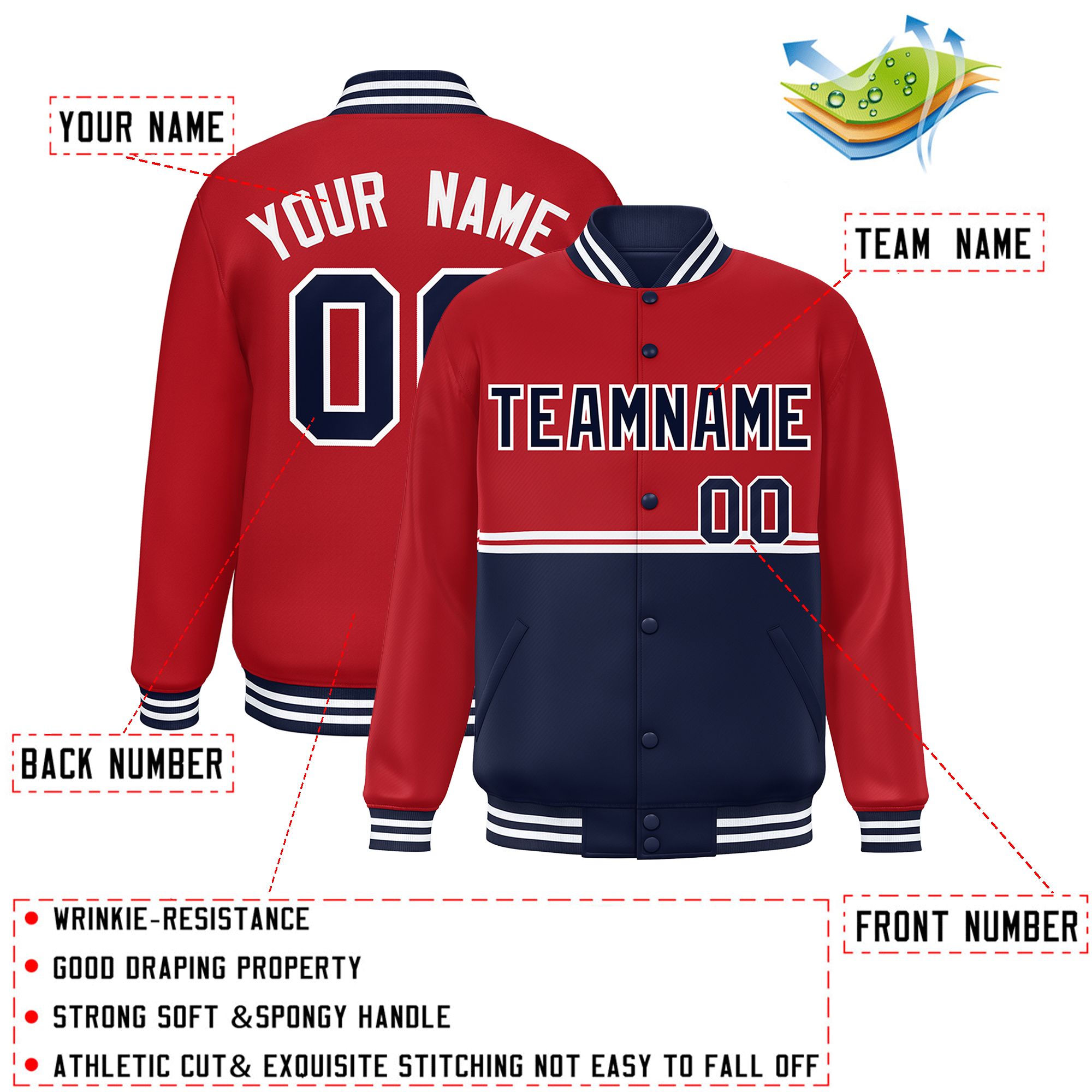 Custom Red Navy Varsity Full-Snap Color Block Letterman Jacket