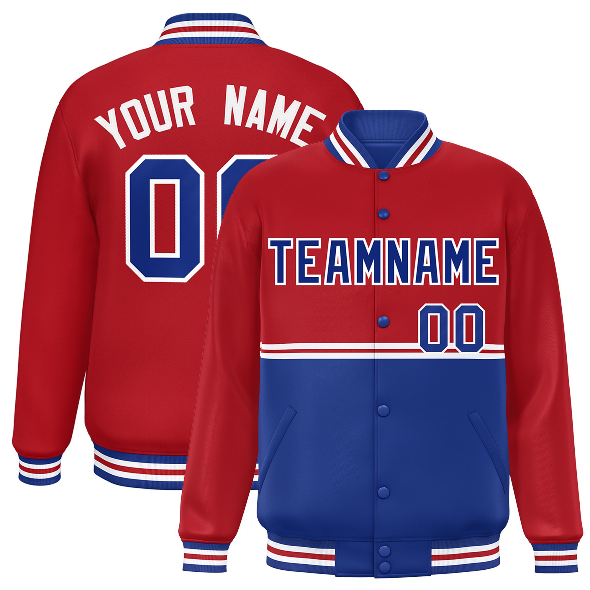 Custom Red Royal Varsity Full-Snap Color Block Letterman Jacket