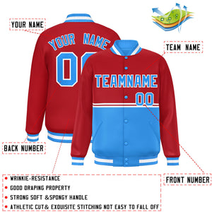 Custom Red Powder Blue Varsity Full-Snap Color Block Letterman Jacket