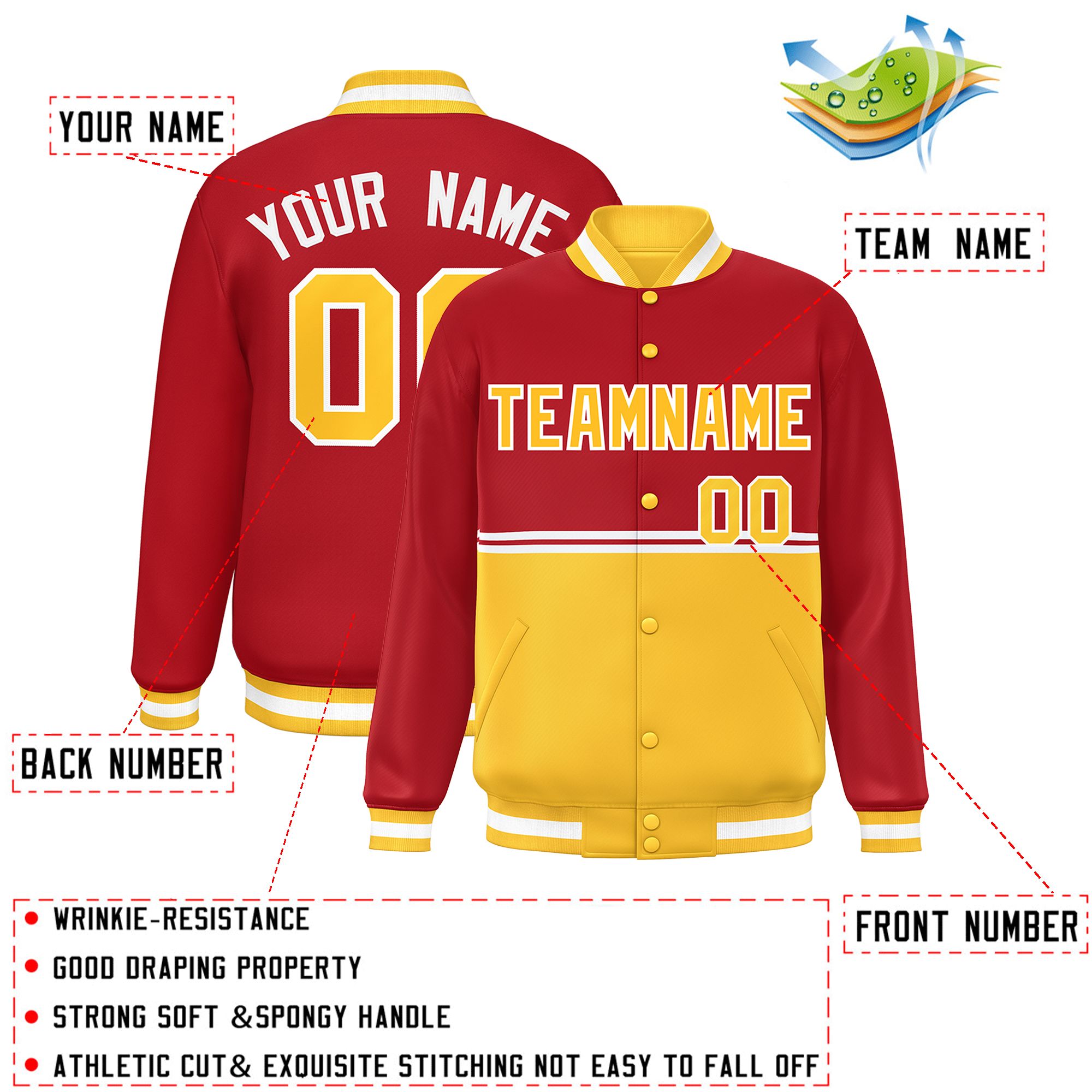 Custom Red Gold Varsity Full-Snap Color Block Letterman Jacket