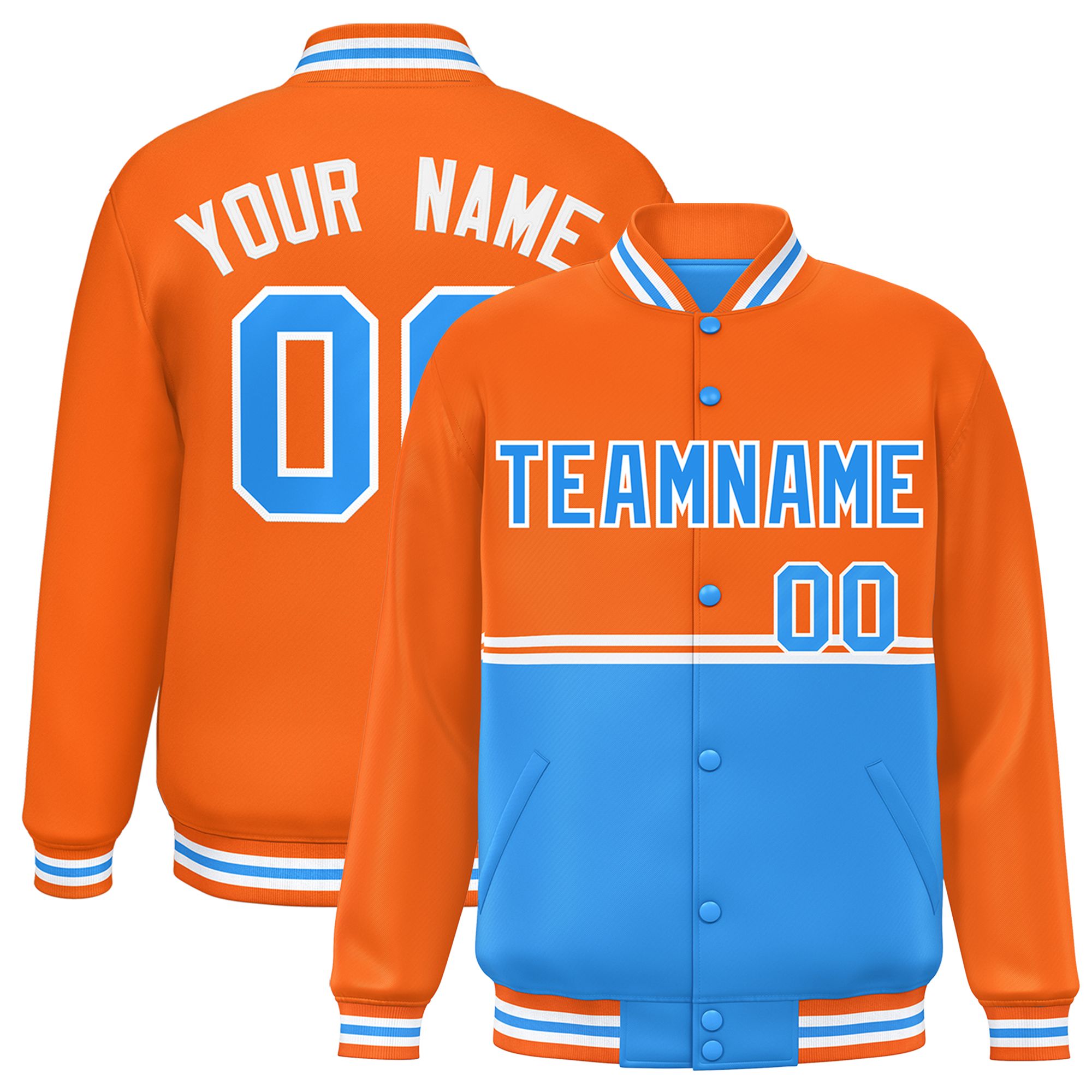 Custom Orange Powder Blue Varsity Full-Snap Color Block Letterman Jacket