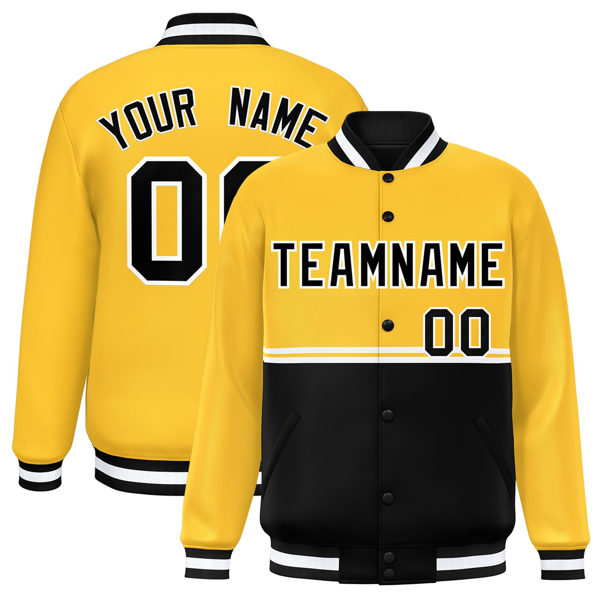 Custom Gold Black Varsity Full-Snap Color Block Letterman Jacket