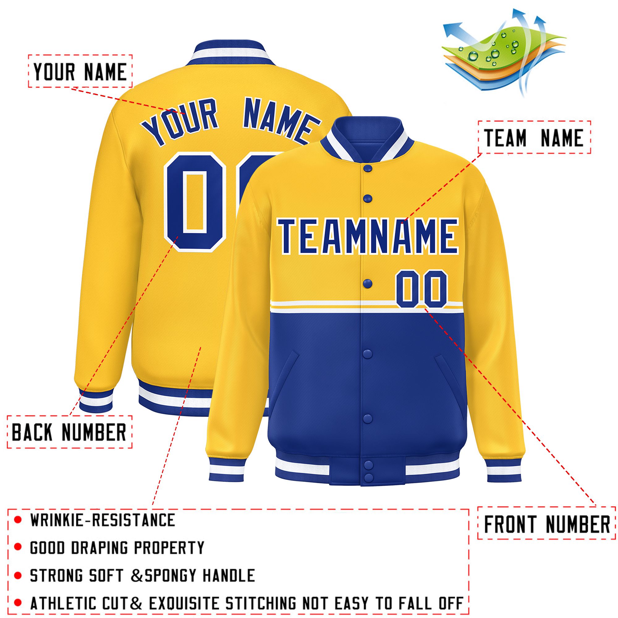 Custom Gold Royal Varsity Full-Snap Color Block Letterman Jacket