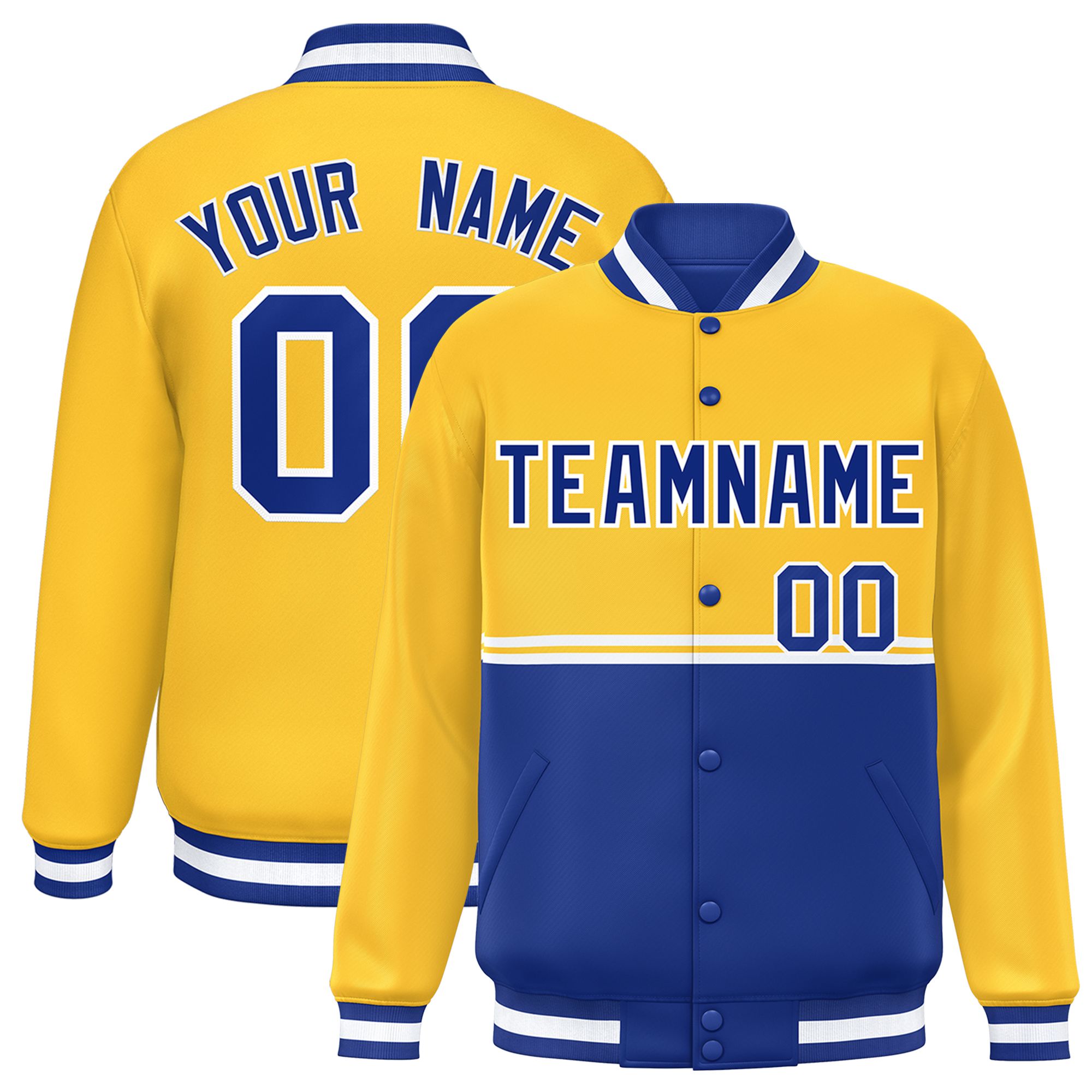 Custom Gold Royal Varsity Full-Snap Color Block Letterman Jacket