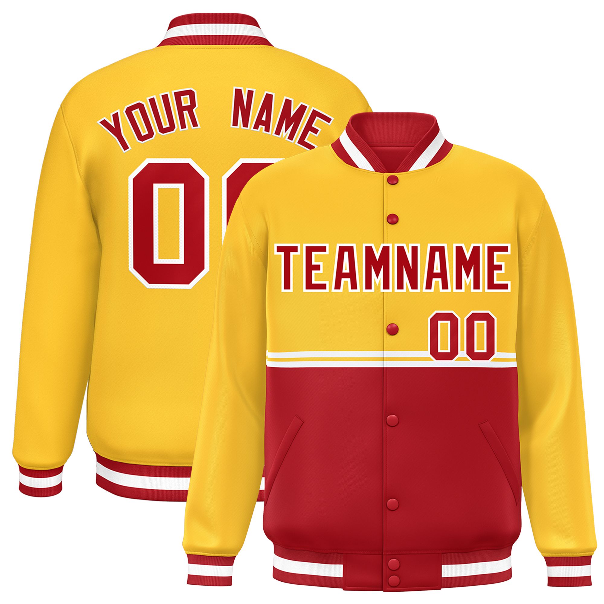 Custom Gold Red Varsity Full-Snap Color Block Letterman Jacket